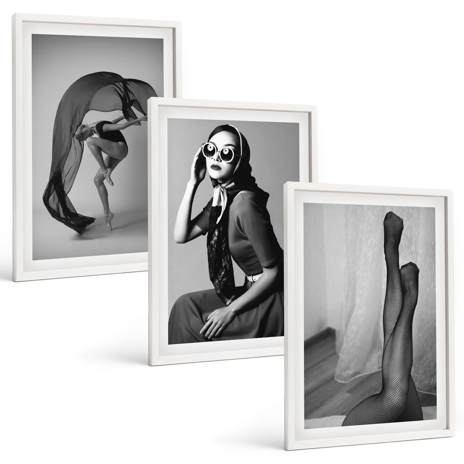 BILDER SET 3er Set - 40x60 cm Weißer Rahmen - Schwarz-Weiß-Porträts von Frauen - Weiß, Kunststoff (40/60cm) - TULUP