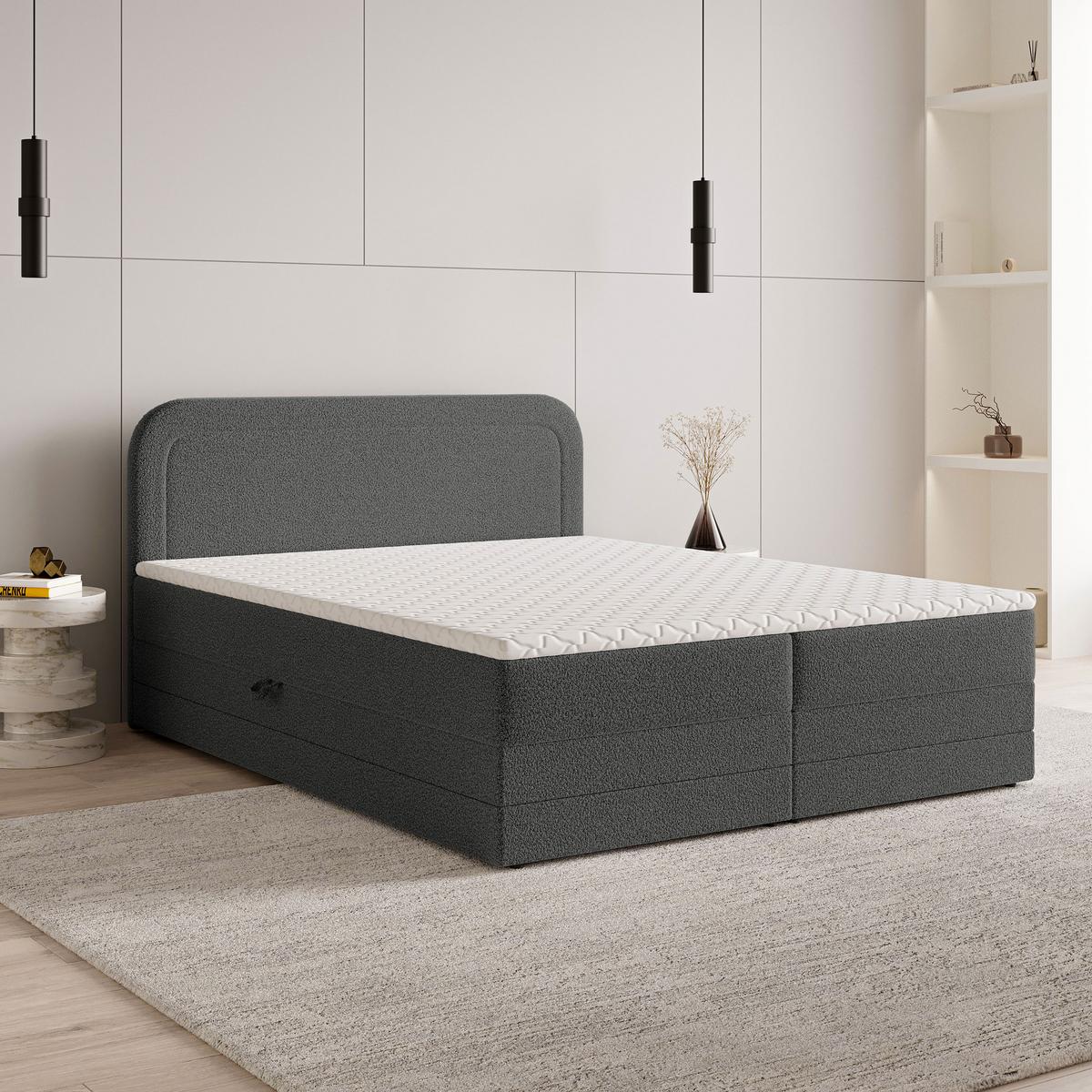 BOXBETT ARMEL 160x200 cm mit Matratze und Topper - Grau - Grau, Holz (160/200cm) - MASSENO