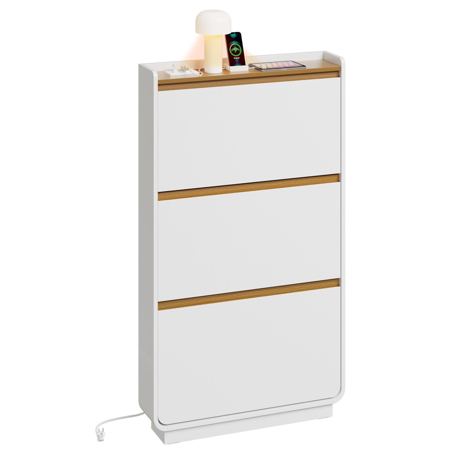 SCHUHSCHRANK mit Steckdose und USB-Ladefunktion FSR228-E-WN - Ahornfarben/Weiß, Holzwerkstoff/Fell (15/126/72cm) - SoBuy