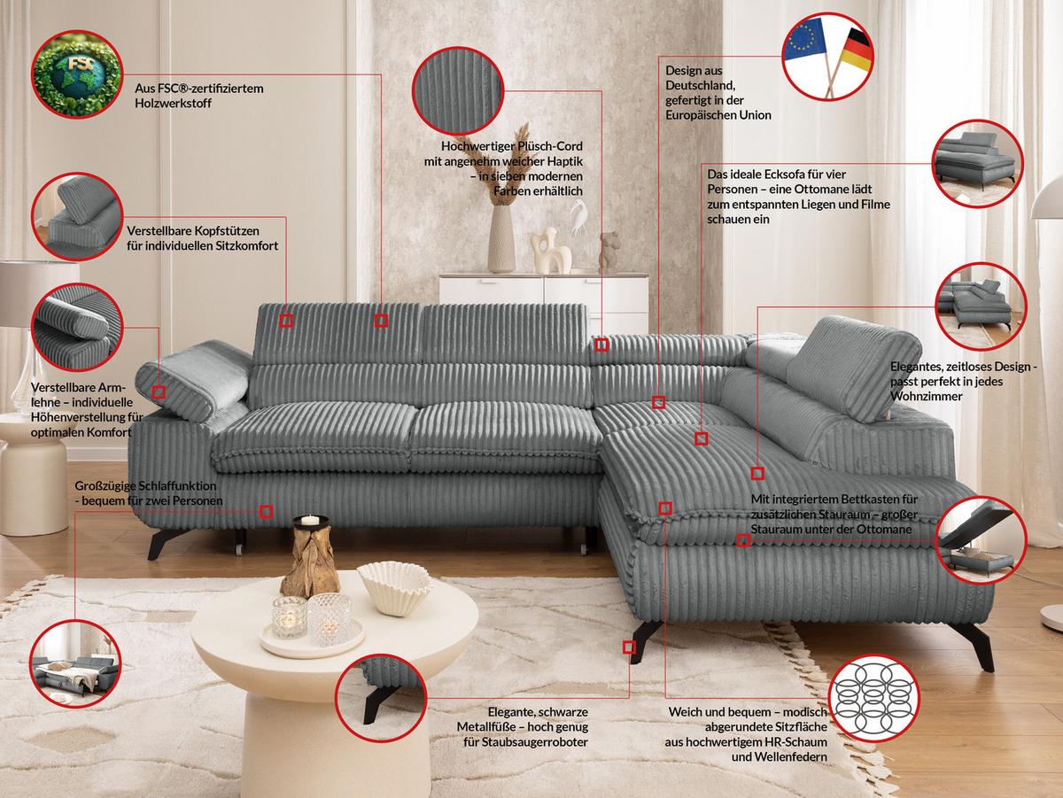 ECKSOFA mit Schlaffunktion und Bettkasten Bonnie aus Grau Chenille-Stoff mit verstellbaren Kopfstützen und Armlehne - Ottomane rechts - Schwarz/Grau, Holz/Textil (275/210cm) - S-Style Möbel