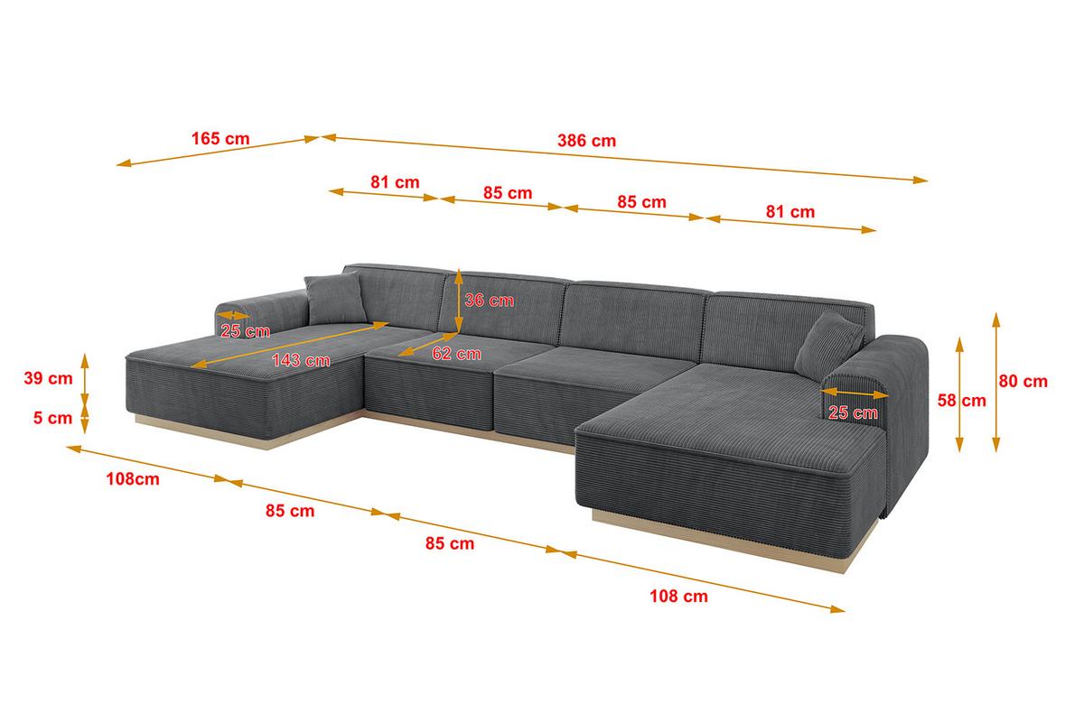 WOHNLANDSCHAFT IREA-U2 - 386x165x80 cm Duneklgrau - Dunkelgrau, Holzwerkstoff/Textil (386/80/165cm) - ALTDECOR