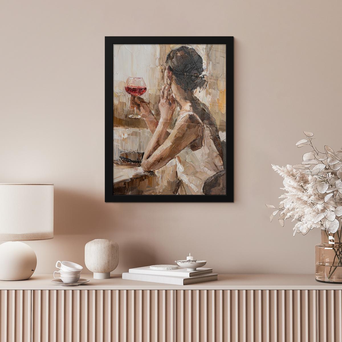 POSTER MIT RAHMEN Ölgemälde - Frau - Wein Bilderrahmen 30x40 cm - Hellbraun, Papier (30/40cm) - MuchoWow