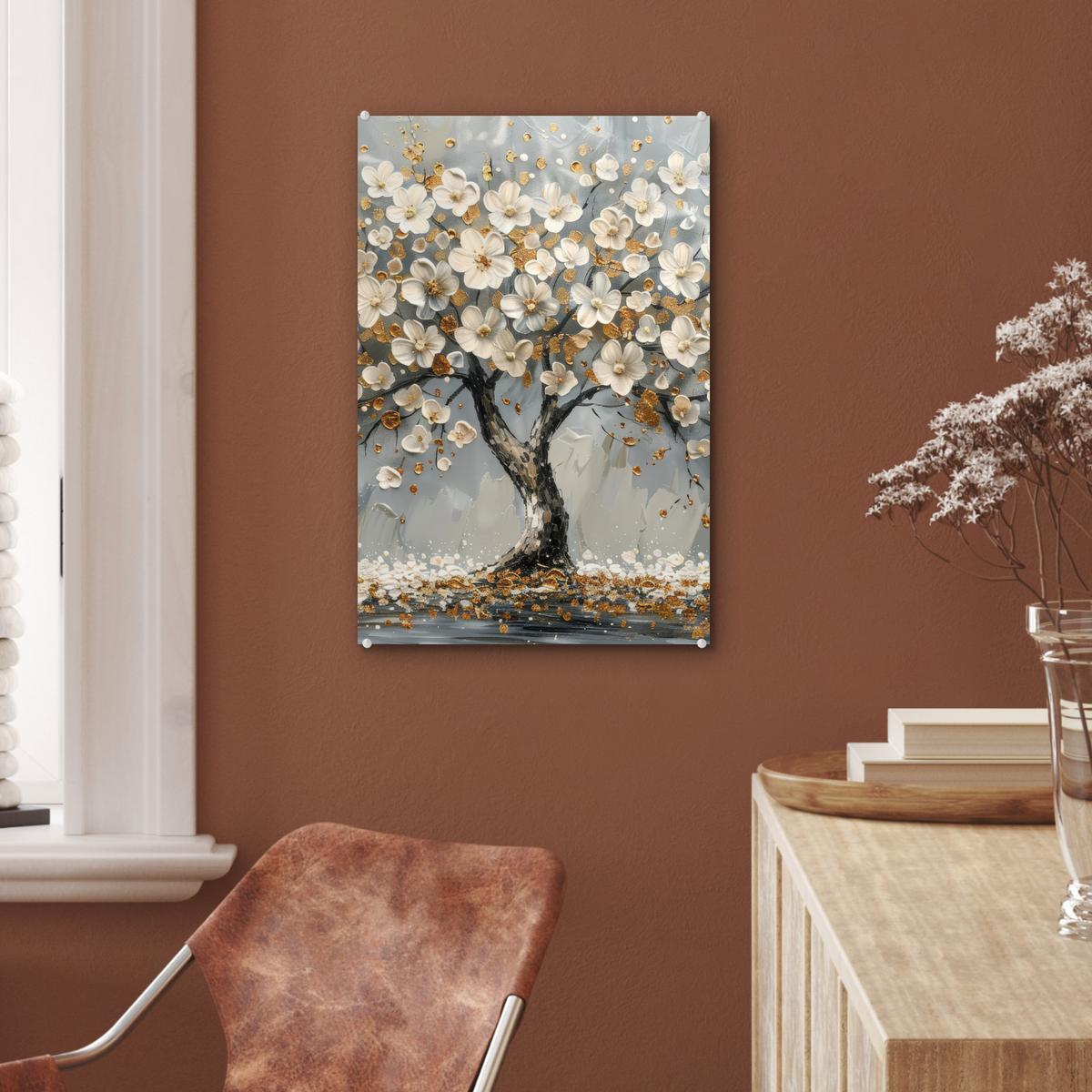 ACRYLGLASBILD Baum - Blumen - Weiß - Natur - Kunst Wanddeko Wohnzimmer 40x60 cm - Weiß, Glas (40/60cm) - MuchoWow