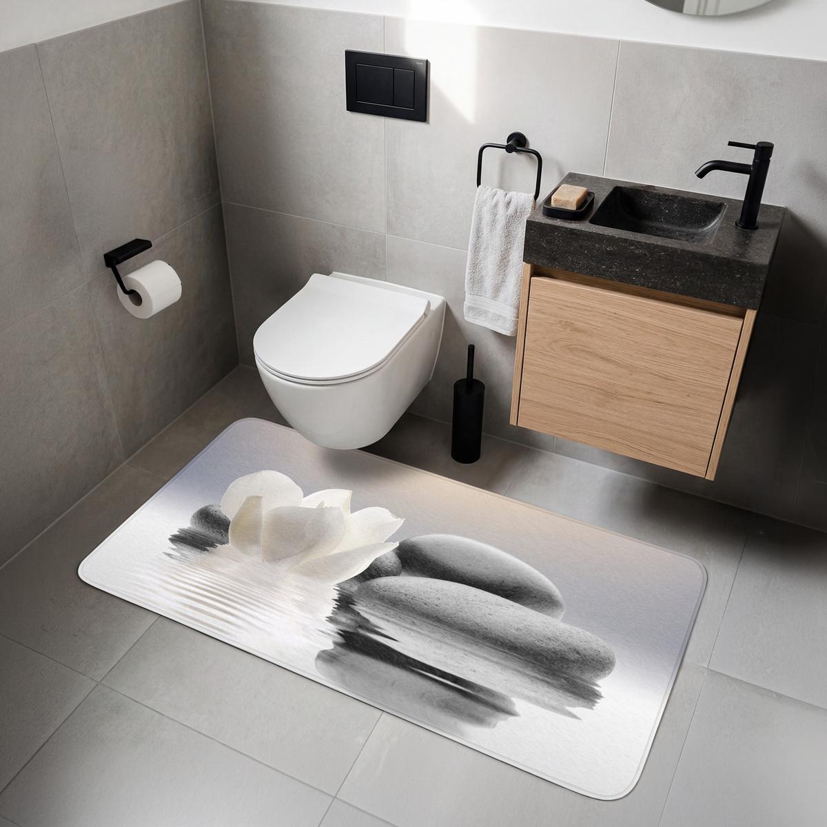 WC-VORLEGER Steine - Lotus - Weiß - Wasser - Zen WC Teppich 120x60 cm - Weiß, Textil (120/1cm) - OnlyWow