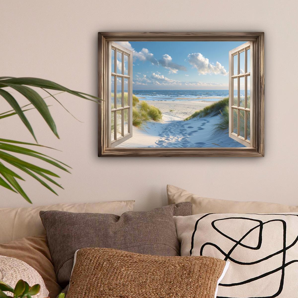 LEINWANDBILD Aussicht - Strand - Fenster - Dünen - Meer Wandbild 40x30 cm - Hellblau, Textil (40/30cm) - MuchoWow