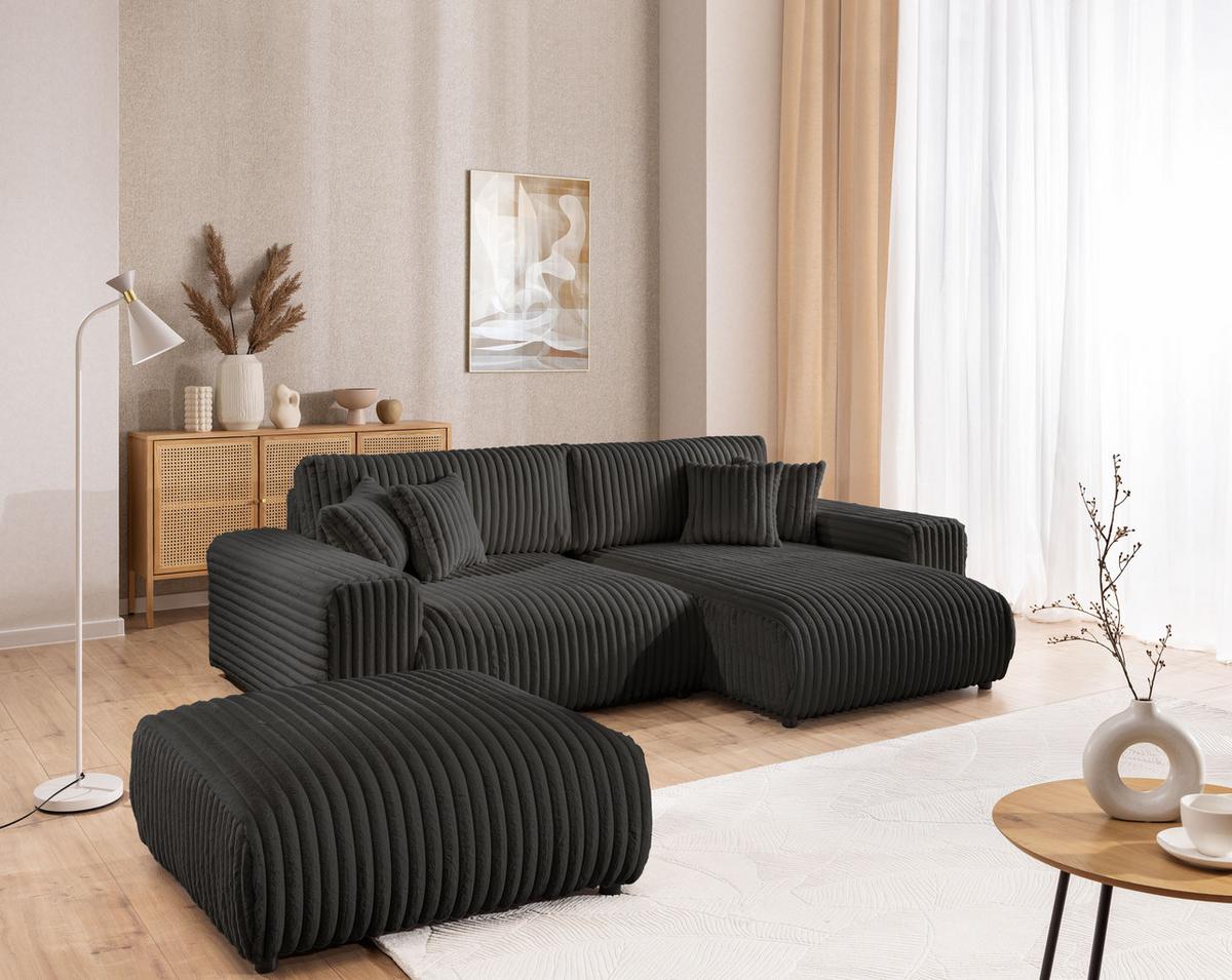 HOCKER Mollis Dunkelgrau Plüschcord - Dunkelgrau/Schwarz, Holz/Kunststoff (88/39/88cm) - S-Style Möbel