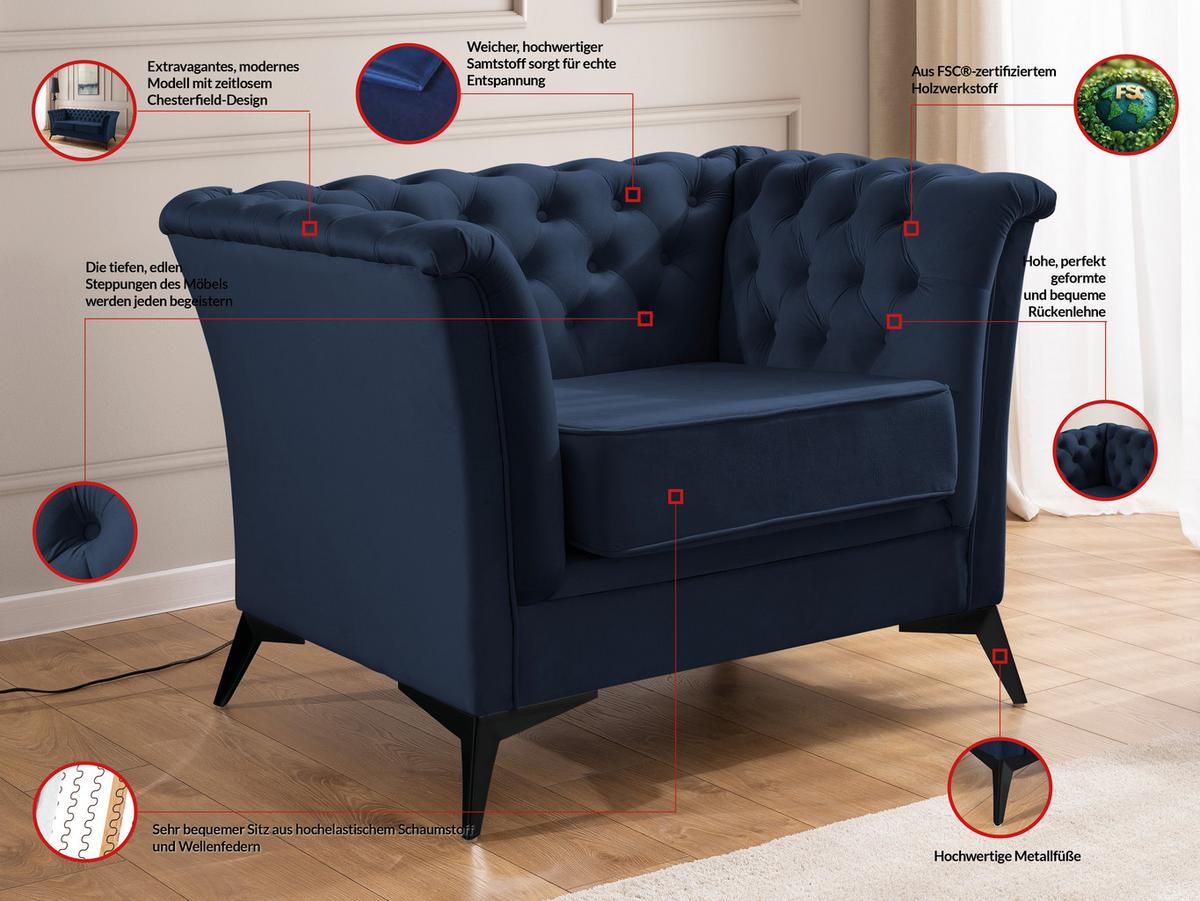 CHESTERFIELD-SESSEL Whitby Marineblau Samt mit schwarzen Füßen - Schwarz/Dunkelblau, Holz/Textil (116/78/82cm) - S-Style Möbel