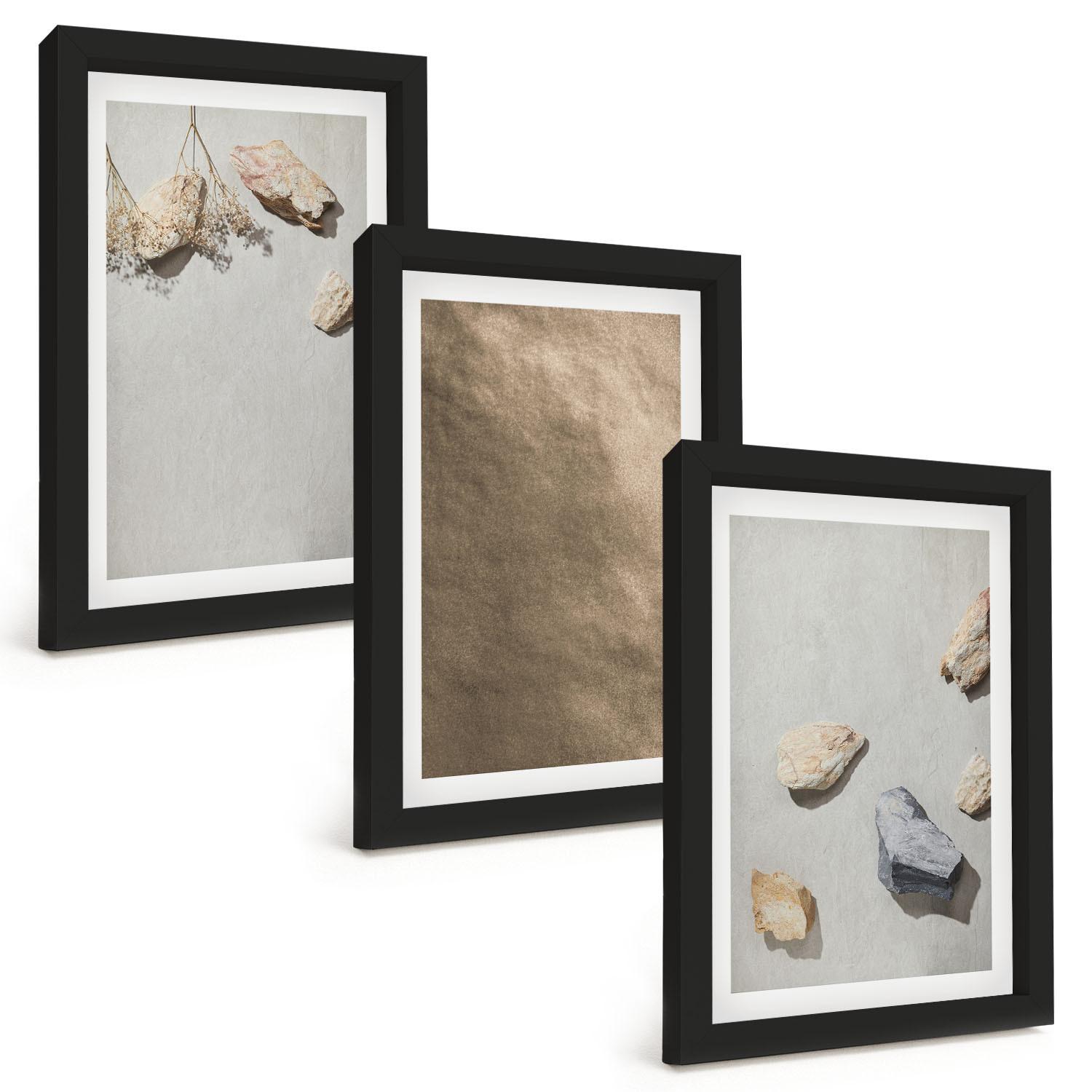 BILDER SET 3er Set - 20x30 cm Schwarzer Rahmen - Steine Strand natürliche Strukturen - Schwarz, Kunststoff (20/30cm) - TULUP