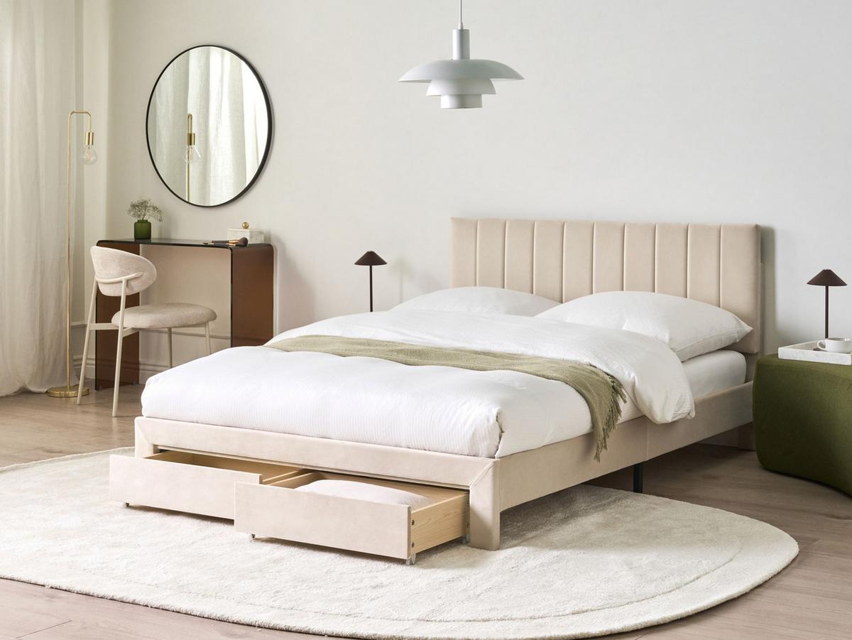 BETT mit Schubladen 140/200 cm Samtstoff Beige Lonzac - Beige, Textil (140/200cm) - Beliani