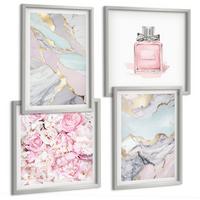 BILDER SET 4er Set - 50x50 cm & 40x60 cm Silberner Rahmen - Rosa Blumen Marmor Pastell - Silberfarben, Kunststoff (50/50cm) - TULUP