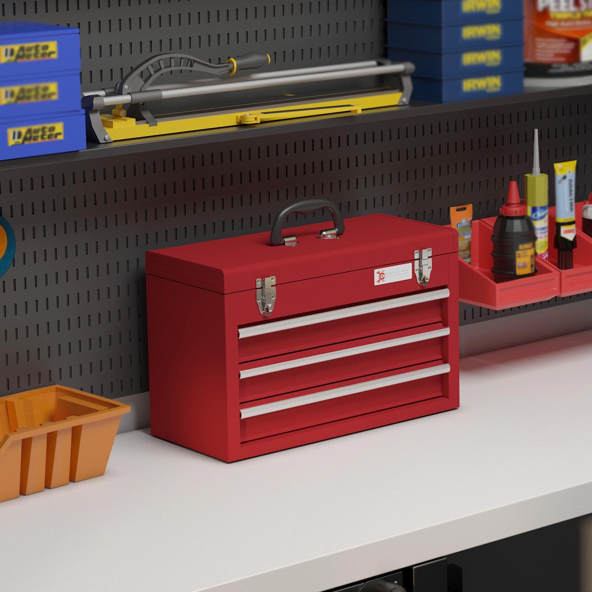 WERKZEUGKOFFER leer, 51 x 22 x 32 cm Werkzeugkasten mit 3 Schubladen Rot - Rot, Metall (22/32/51cm) - DURHAND
