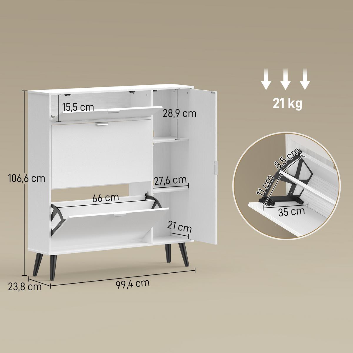 SCHUHSCHRANK Spanplatte-MDF Weiß - Silberfarben/Schwarz, Holzwerkstoff/Metall (23.8/106.6/99.4cm) - HOMCOM