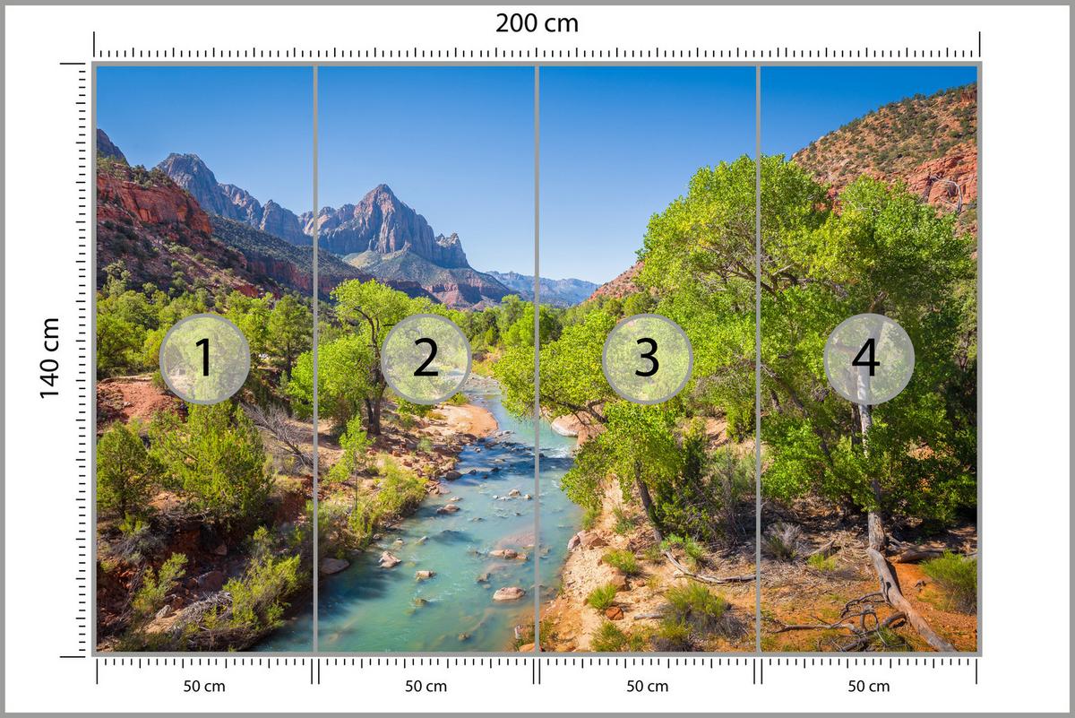 FOTOTAPETE für Esszimmer Virgin River Bäume Felsen Berge Natur 200x140 - Türkis/Blau, Papier (200/140cm) - Muralo