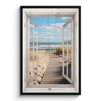 POSTER MIT RAHMENGERAHMTES BILD Fenster - Meer - Küste - Natur - Ausblick - Strand - Wattenmeer 60x90 cm - Beige, Papier (60/90cm) - MuchoWow