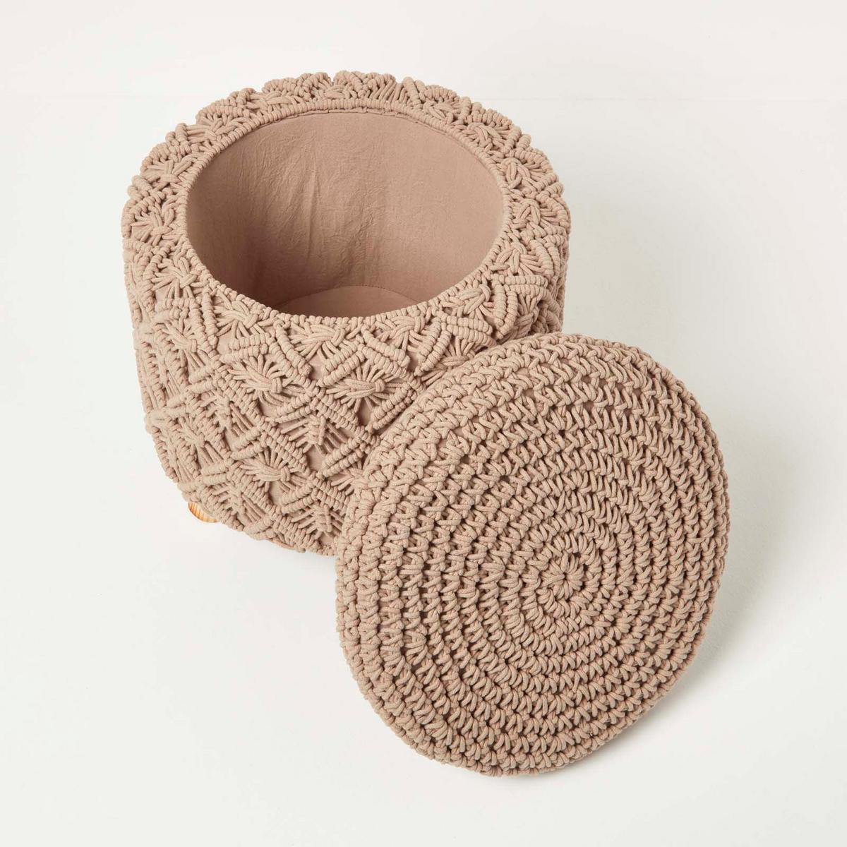 MAKRAMEE-HOCKER mit Stauraum Indy braun, 41/41/43 cm - Hellbraun, Textil (41/43/41cm) - Homescapes