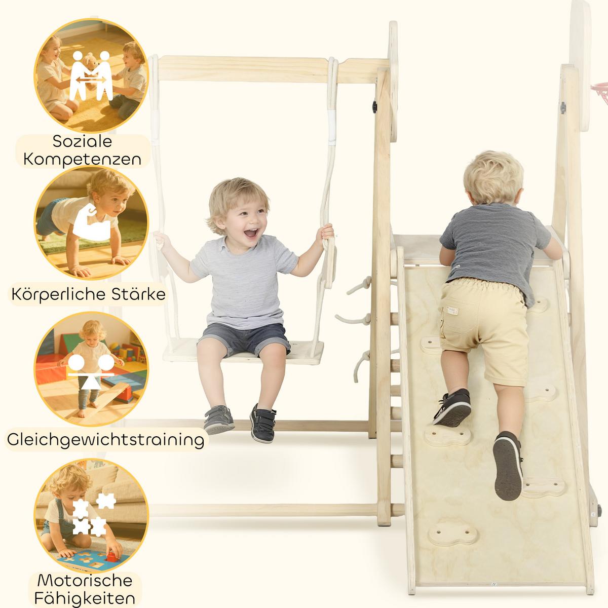 KLETTERGERÜST-MONTESSORI mit Rutsche Schaukel und Basketballkorb - Naturfarben, Holz (133/43/140cm) - AIYAPLAY