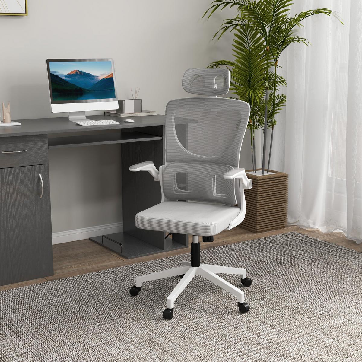 BÜROSTUHL Ergonomisch, Schreibtischstuhl mit Verstellbar Armlehne, Mesh, Grau - Grau, Textil (59/122/60cm) - Vinsetto