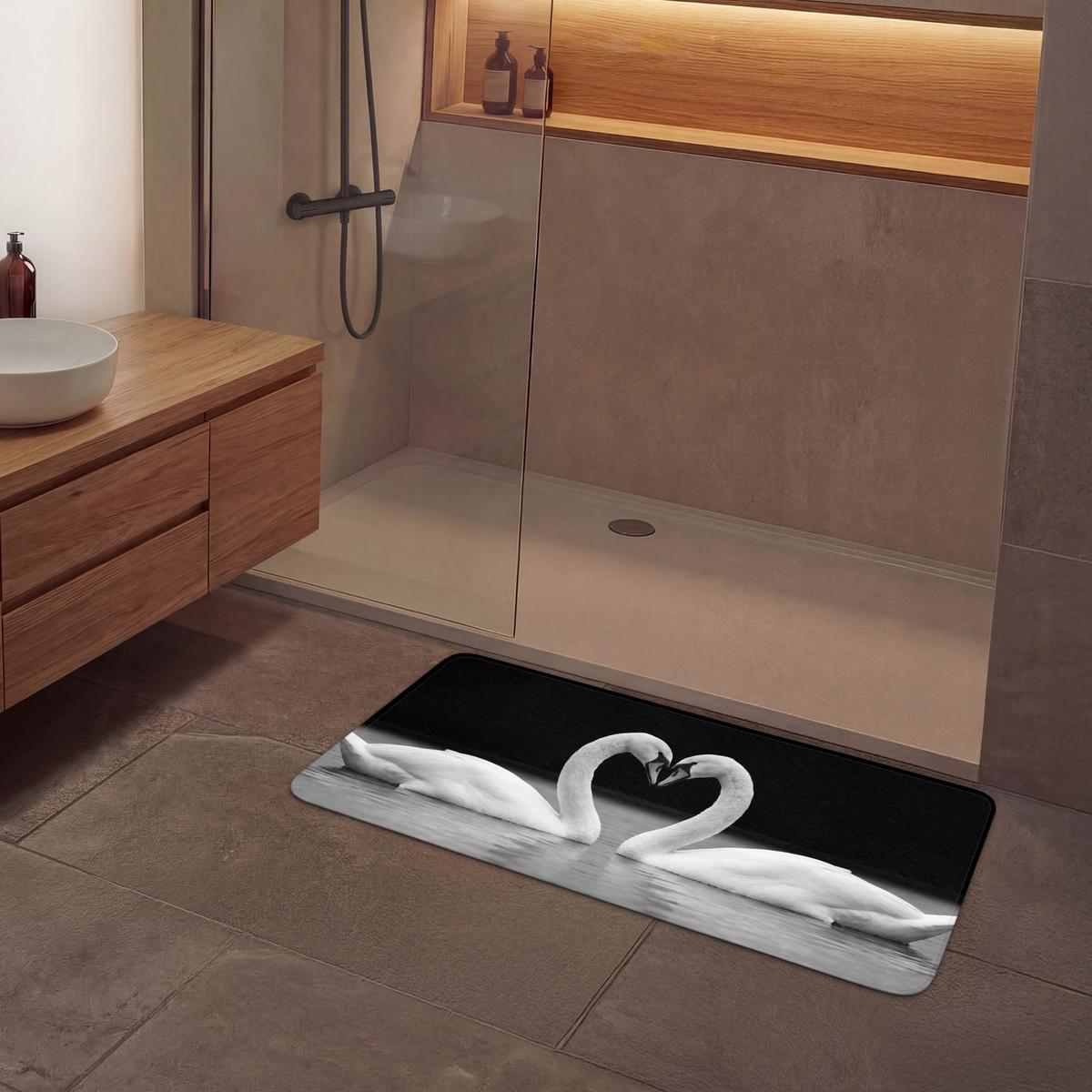 BADEMATTE Schwäne - Herz - Schwarz - Weiß 120x60 cm - Schwarz, Textil (120/60cm) - OnlyWow