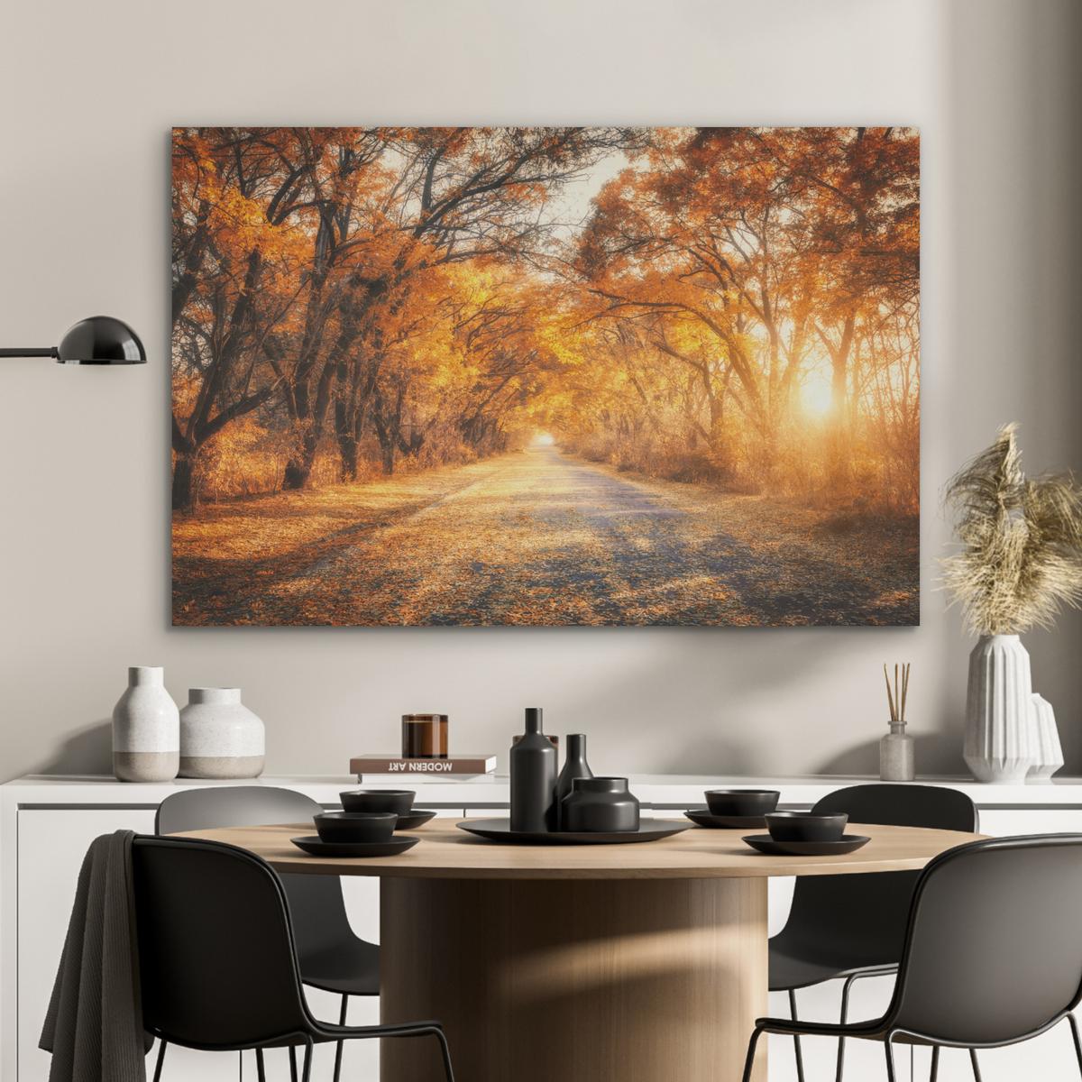 AKUSTIKBILD Wald - Herbst - Bäume - Waldweg - Natur Wandbild Wohnzimmer 100x70 cm - Bernsteinfarben, Kunststoff (100/70/0.9cm) - MuchoWow