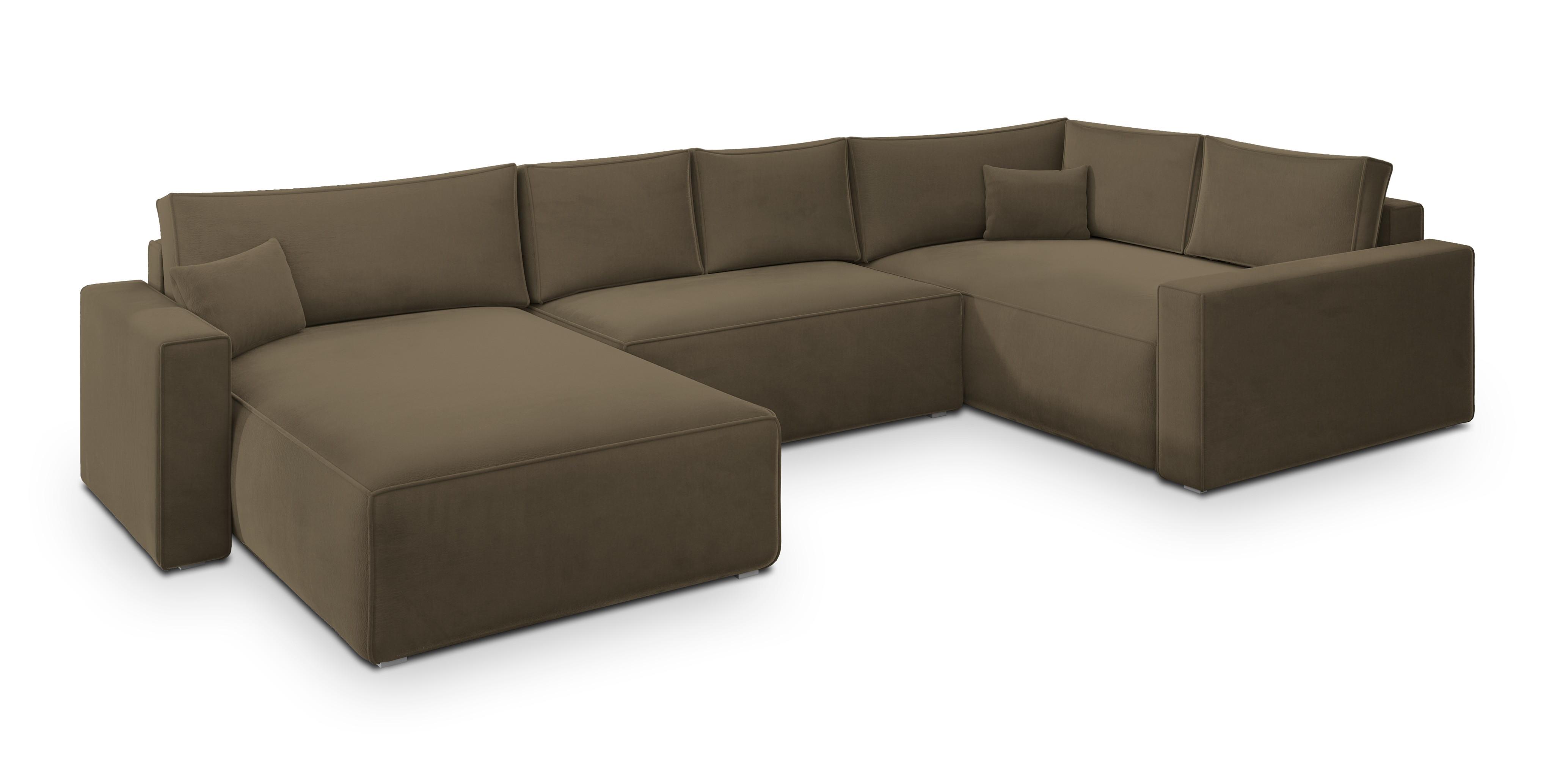 WOHNLANDSCHAFT VELAMI R-S Beige Velours-Stoff mit Schlaffunktion - Beige, Holz (365/83/194cm) - MASSENO