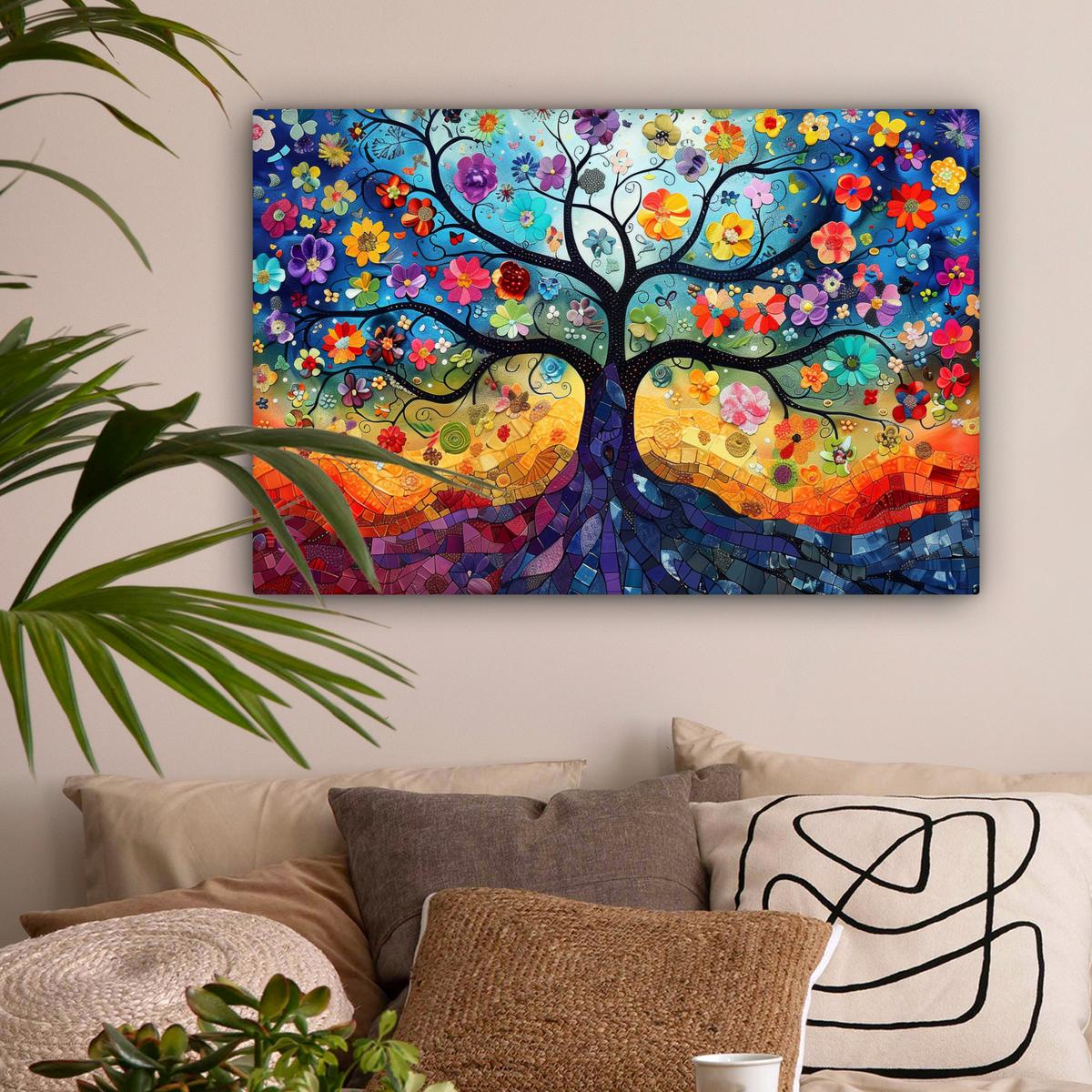 LEINWANDBILD Kunst - Baum des Lebens - Blumen - Hippie Wanddeko 90x60 cm - Dunkelblau, Textil (90/60cm) - MuchoWow