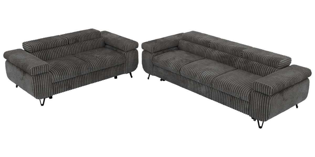 SITZGARNITUR PETERS 2+3 - Grau Cord - Schwarz/Grau, Textil/Metall (262/76/99cm) - MKS