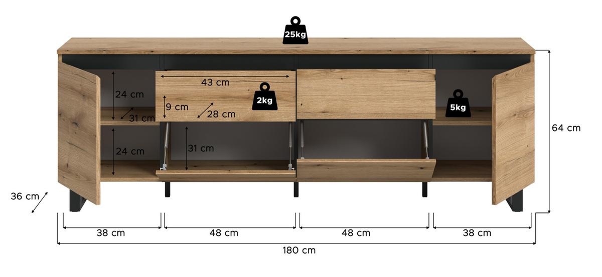 TV-LOWBOARD Evoke Eiche, schwarz, TV Unterschrank 188 x 65 cm, Soft-Close und Komforthöhe - Eichefarben/Schwarz, Holzwerkstoff/Metall (188/65/36cm) - Inn.Furn