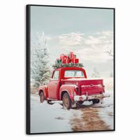 LEINWAND Bilder mit Rahmen - Auto - Rot - Geschenke - Winter - Schnee - Weihnachten - 60x80 - Rot, Textil (60/80cm) - MuchoWow