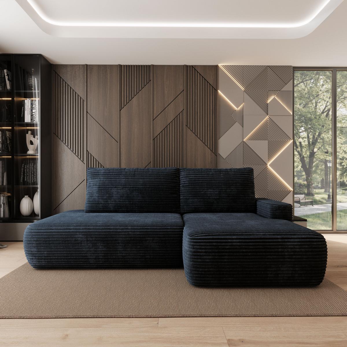 ECKSOFA AVINI T R-S Schwarz Kordstoff mit Schlaffunktion - Schwarz, Holzwerkstoff/Textil (277/160cm) - MASSENO