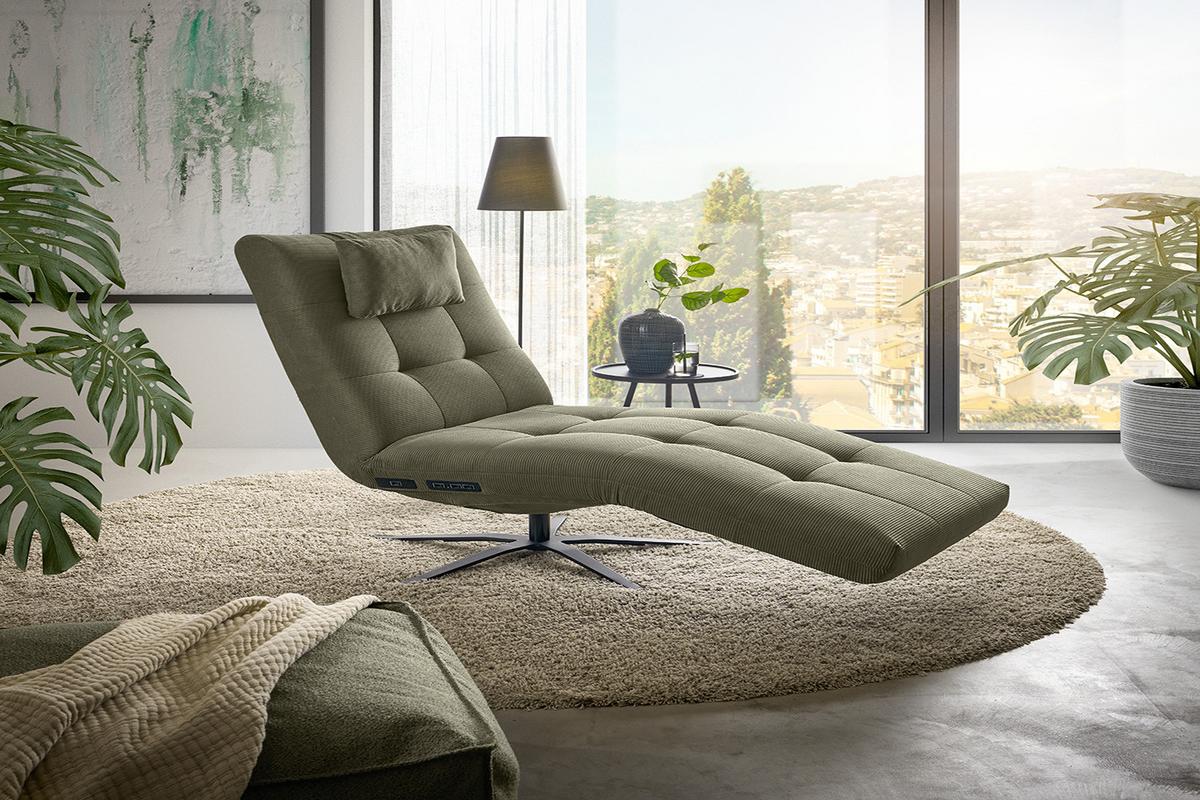RELAXLIEGE LETICIA Grün Cord Drehbar (360°), Relaxfunktion - Schwarz/Olivgrün, Textil/Metall (82/115/156cm) - KAWOLA
