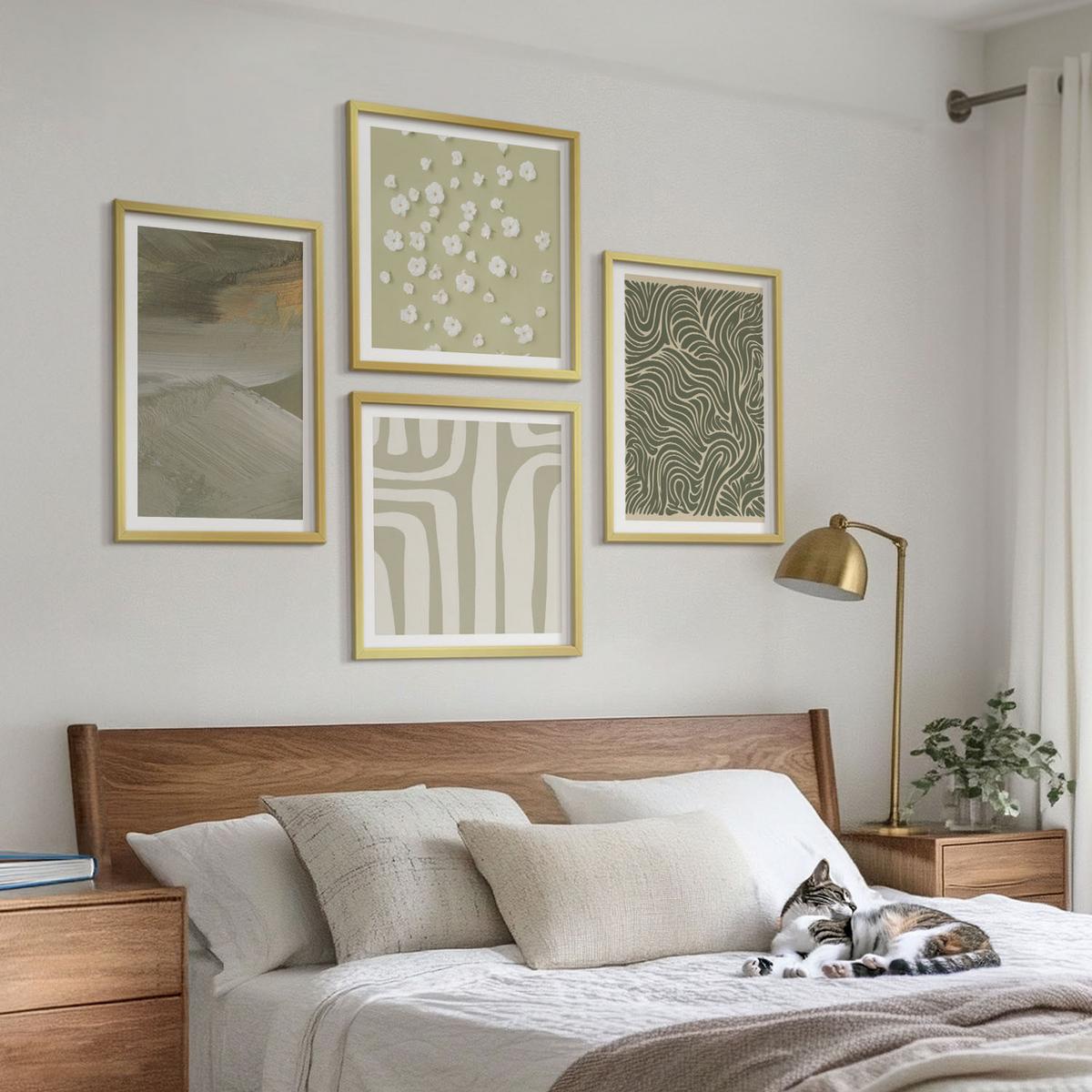 BILDER SET 4er Set - 50x50 cm & 40x60 cm Goldrahmen - Abstrakte Boho-Muster - Goldfarben, Kunststoff (50/50cm) - TULUP