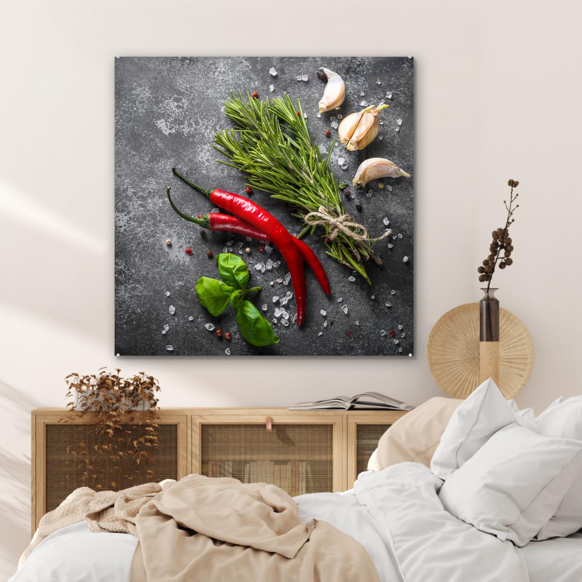 ACRYLGLASBILD Pfeffer - Kräuter - Gewürze - Beton 90x90 cm - Dunkelgrau, Glas (90/90cm) - MuchoWow