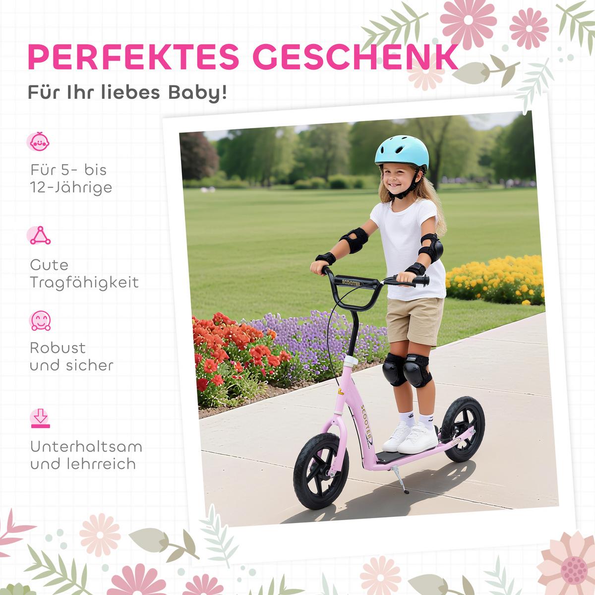 KINDERROLLER, Schwarz/Rosa/Blau/Rot, Stahl+ PVA - Rosa, Metall (120/52/80cm) - HOMCOM
