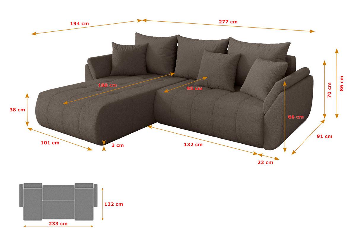 ECKSOFA mit Schlaffunktion Ottomane Links TOKO-L 277x194x86 Braun Bouclé - Schwarz/Braun, Holzwerkstoff/Kunststoff (277/194cm) - ALTDECOR