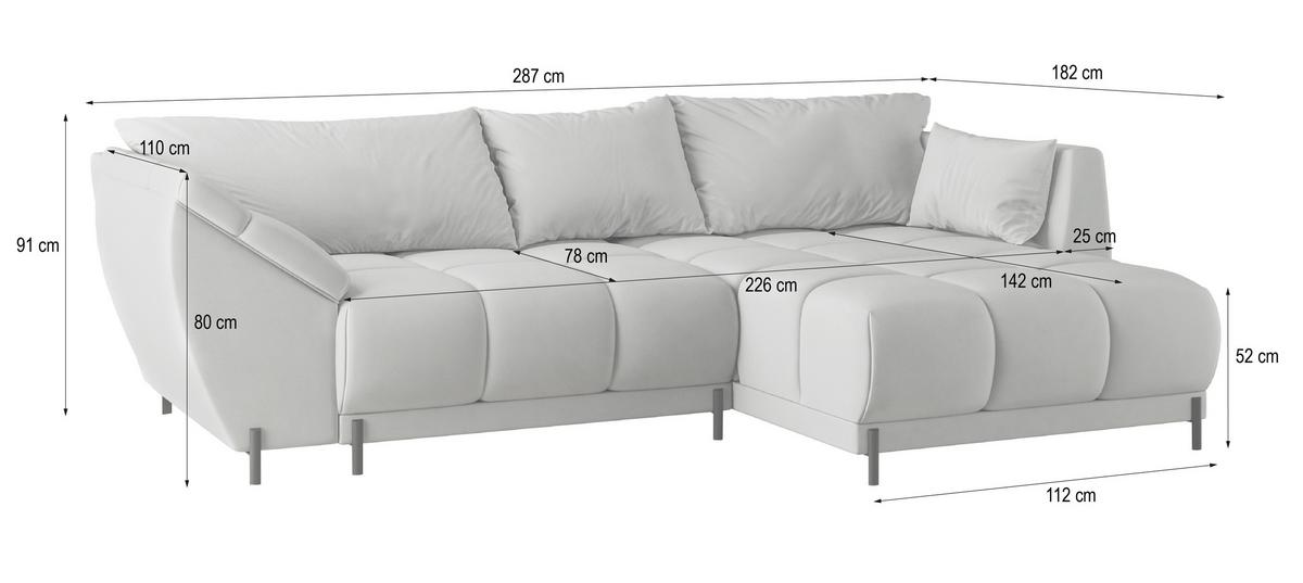 ECKSOFA VESTANO R-S Hellgrau Velours-Stoff mit Schlaffunktion - Hellgrau, Holz (287/182cm) - MASSENO