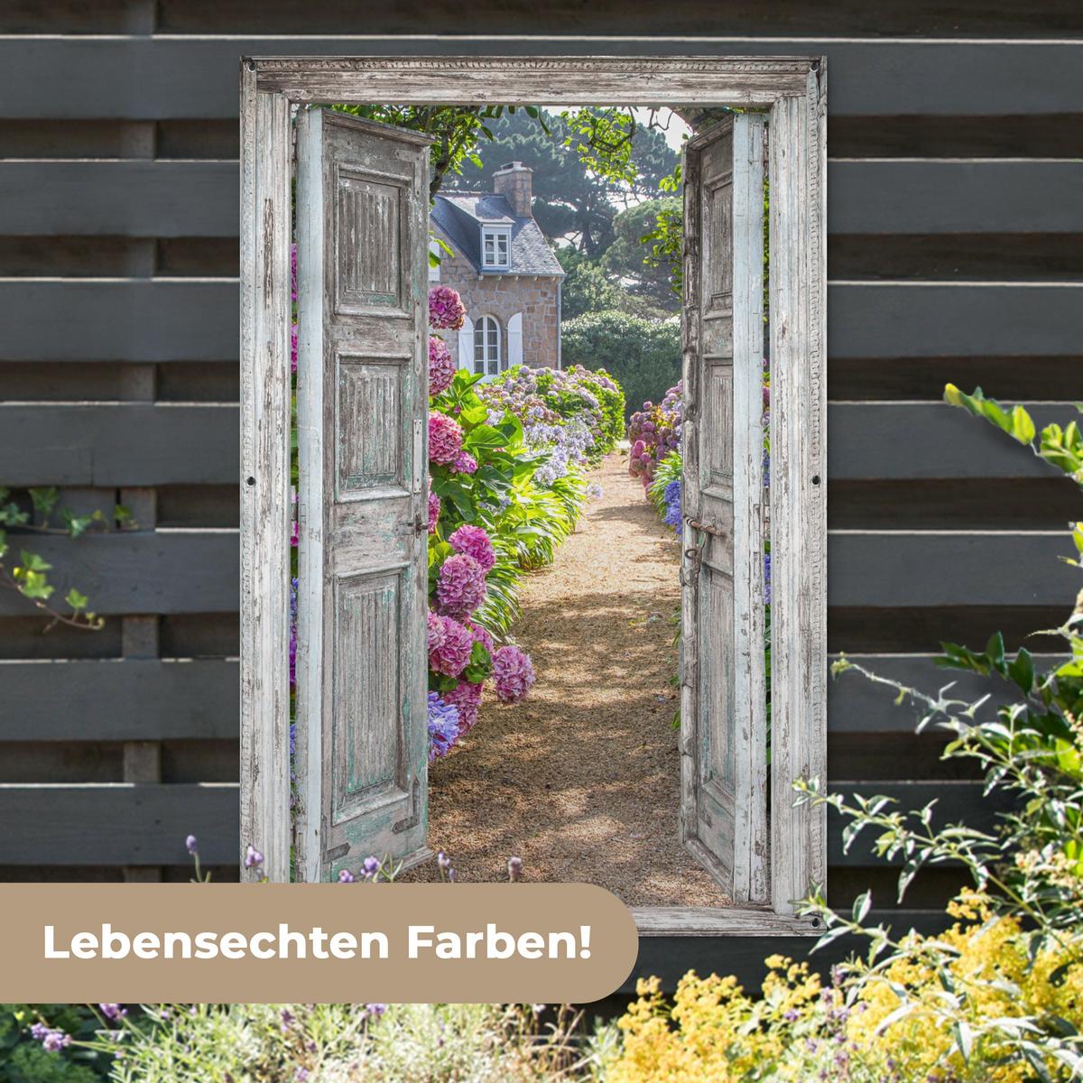 GARTENPOSTER Durchblick - Hortensie - Blumen Bild 120x180 cm - Hellgrau, Kunststoff (120/180/0.2cm) - OnlyWow