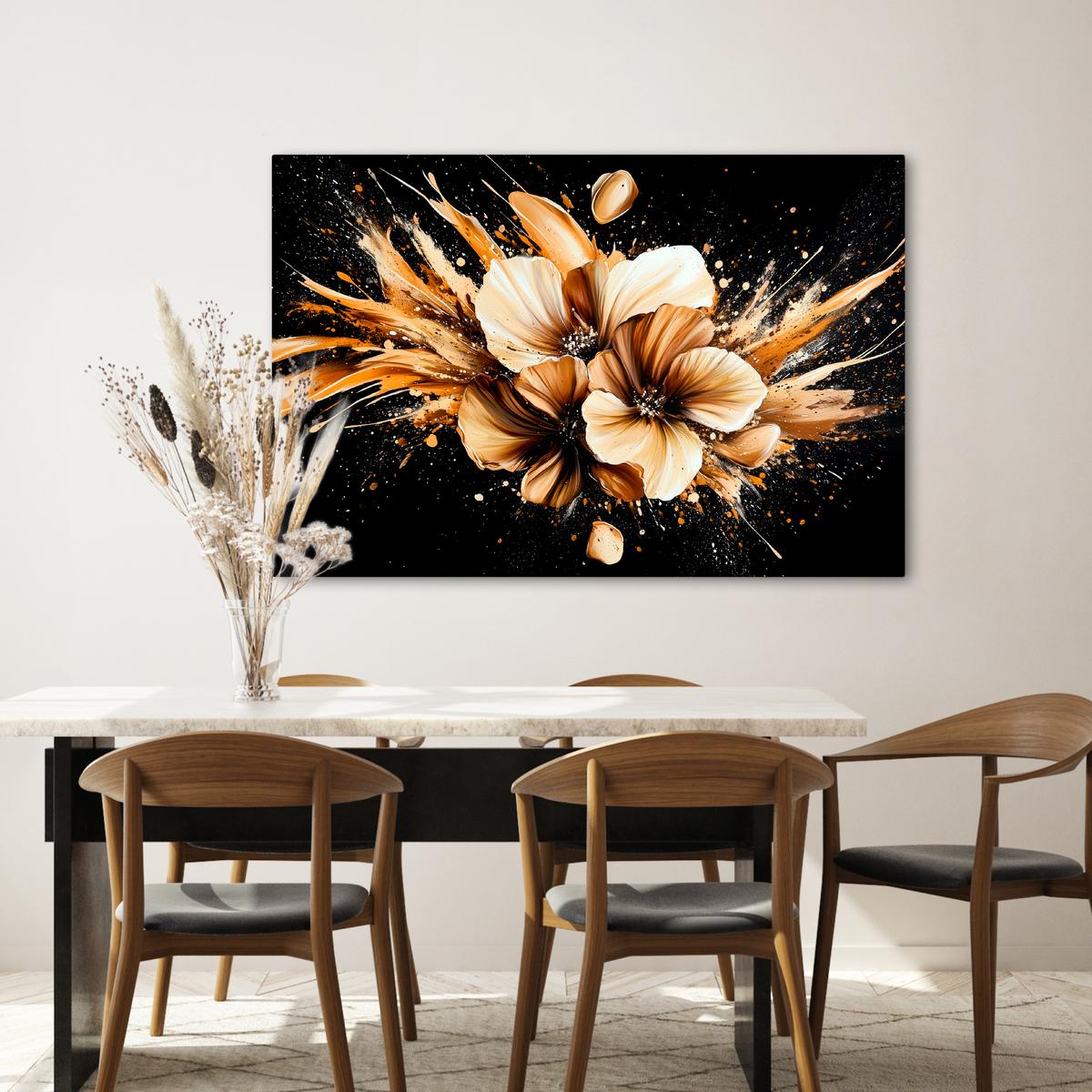 LEINWANDBILD Blumen - Gold - Graffiti - Schwarz - Abstrakt Wohnzimmer Groß 120x80 cm - Cappuccino, Textil (120/80cm) - MuchoWow