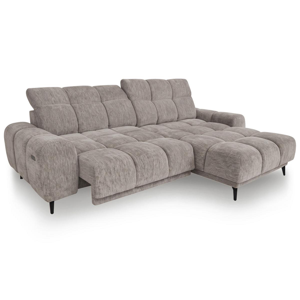 ECKSOFA Marco Mini mit elektrisch ausfahrbarem Sitz und verstellbaren Kopfstützen, Rechts, Chenille-Stoff, Hellbraun - Hellbraun/Schwarz, Textil (275/182cm) - Beautysofa