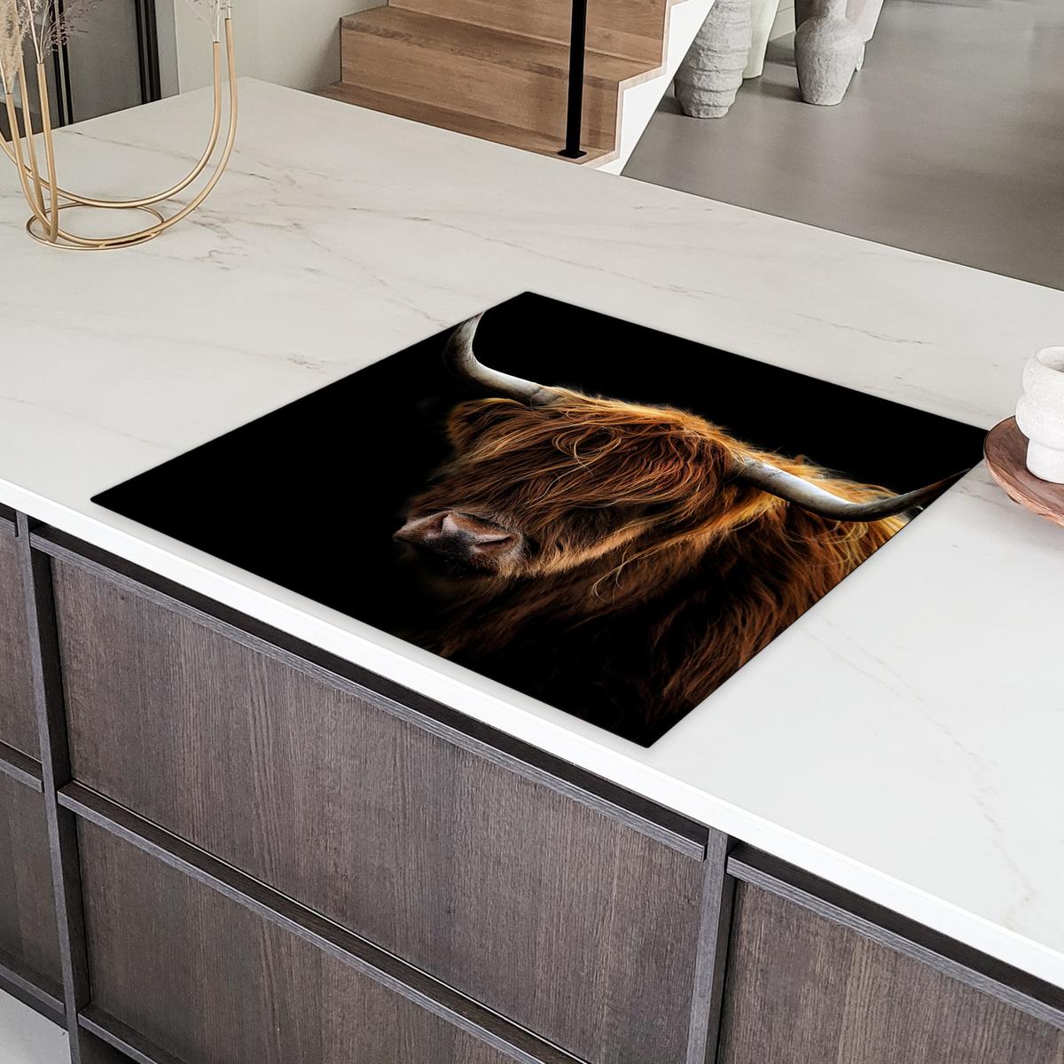 HERDABDECKPLATTE Schottischer Highlander - Hörner - Schwarz - Tiere - Natur - Wild - Kuh Induktionsmatte 78x78 cm - Cognac, Kunststoff (78/78/0.2cm) - MuchoWow