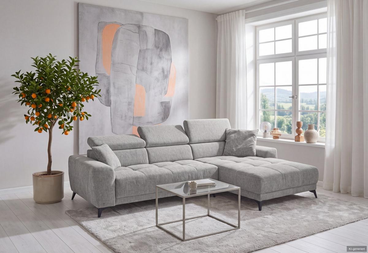 ECKSOFA mit elektrischer Sitztiefenverstellung, Kopflehnen verstellbar, USB-A und USB-C Ladefunktion B299/T200/H107 cm, Chenille Hellgrau / 15420 - Hellgrau/Schwarz, Holzwerkstoff/Textil (299/200cm) - luma-home
