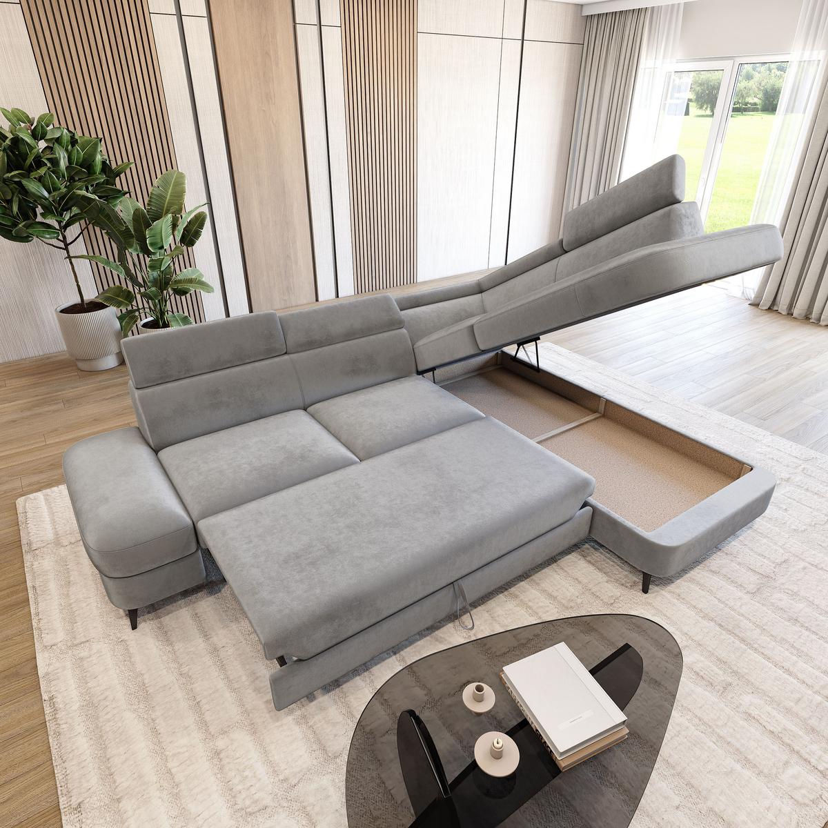 ECKSOFA AVISE M R-S Hellgrau Velours-Stoff mit Schlaffunktion - Hellgrau, Holzwerkstoff/Textil (268/195cm) - MASSENO