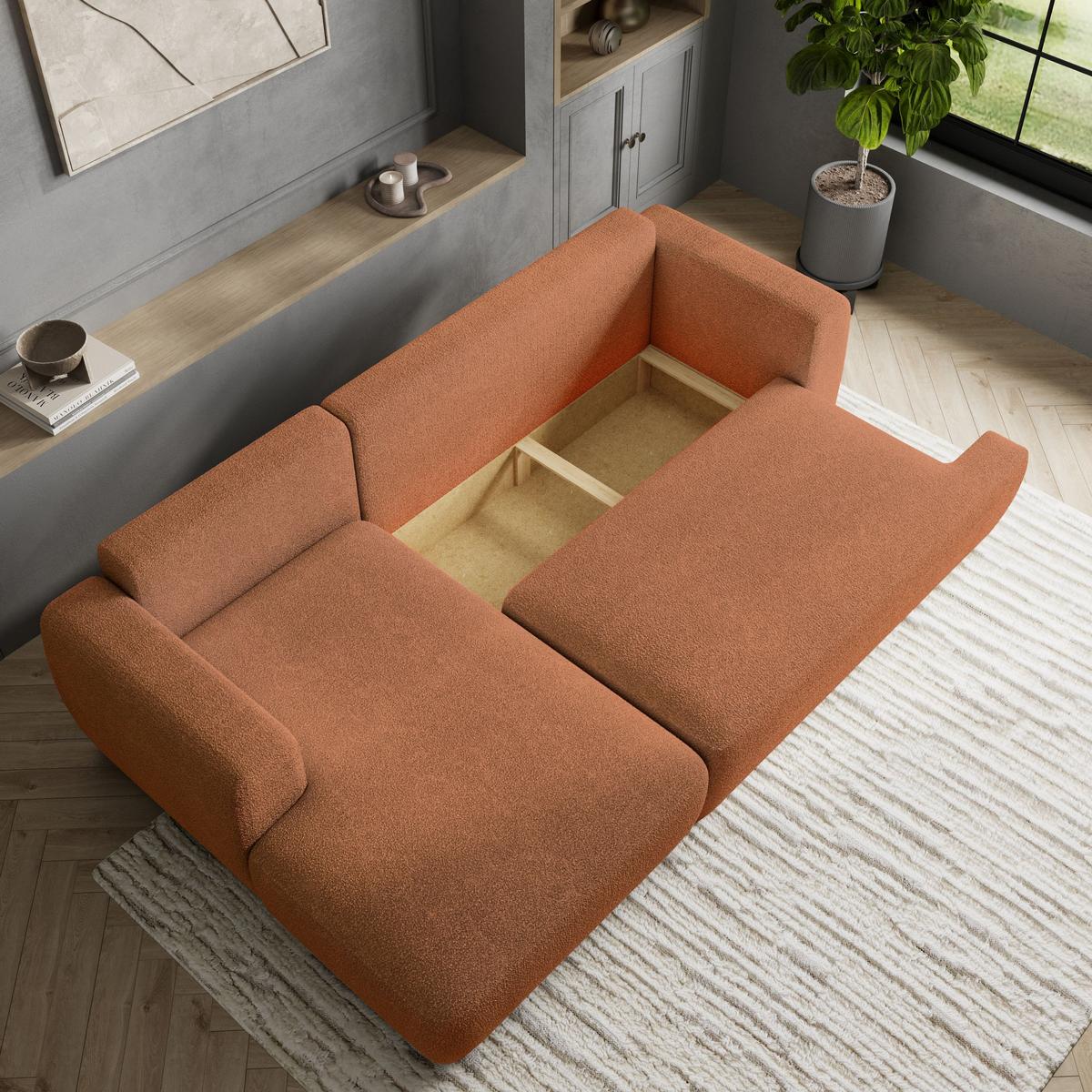ECKSOFA SENTI N L-S Orange Boucle-Stoff mit Schlaffunktion - Schwarz/Orange, Holz/Kunststoff (246/148cm) - MASSENO
