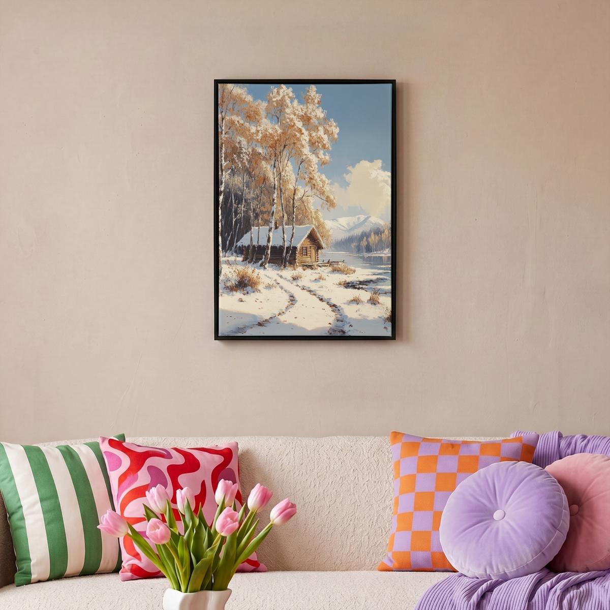 LEINWAND Bilder mit Rahmen - Winter - Schnee - Zuhause - Natur - 40x60 - Hellbraun, Textil (40/60cm) - MuchoWow