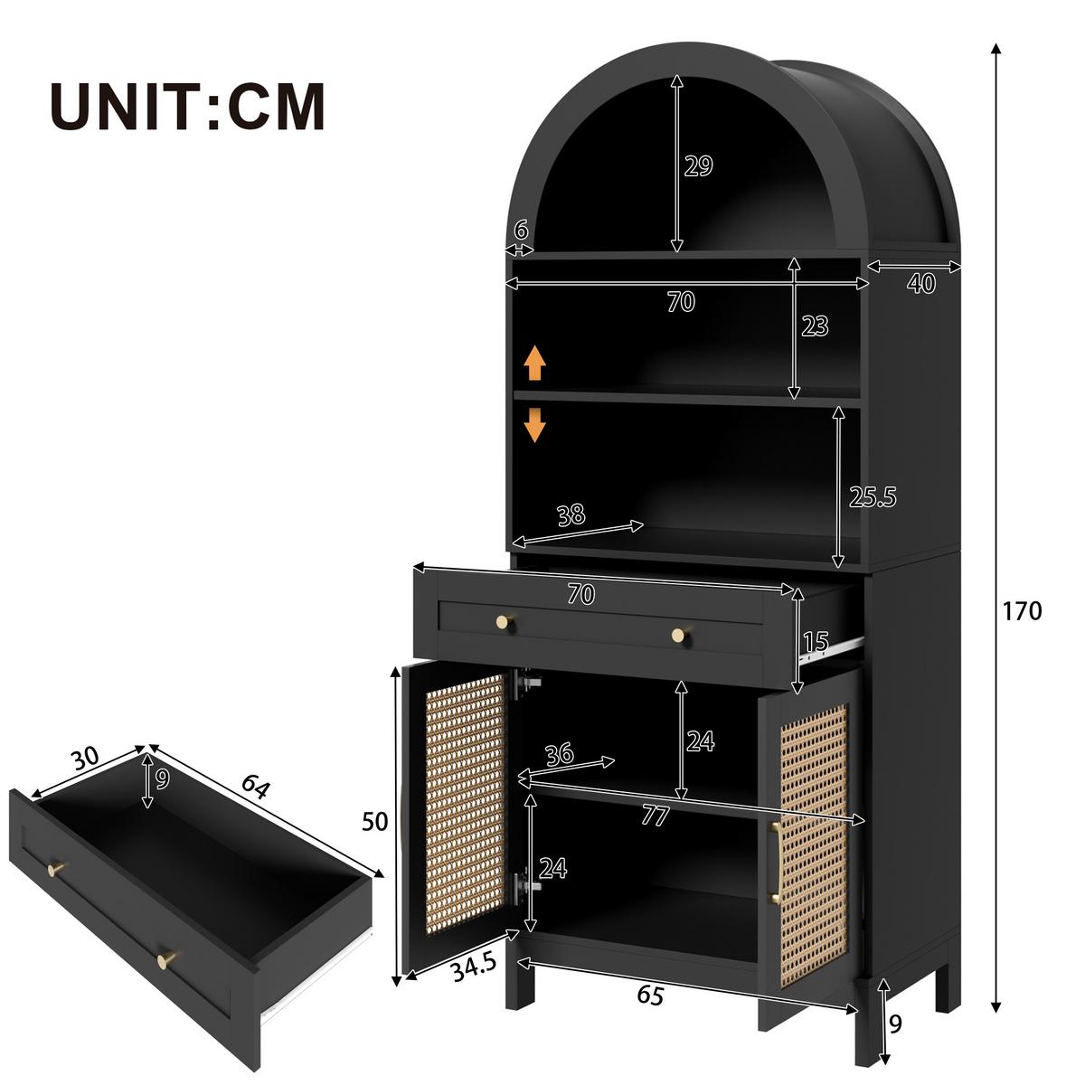 VITRINEN Gewölbt Schwarz & Natur mit Rattantüren & Schublade - Schwarz, Holzwerkstoff (70/170/40cm) - Urban Meuble