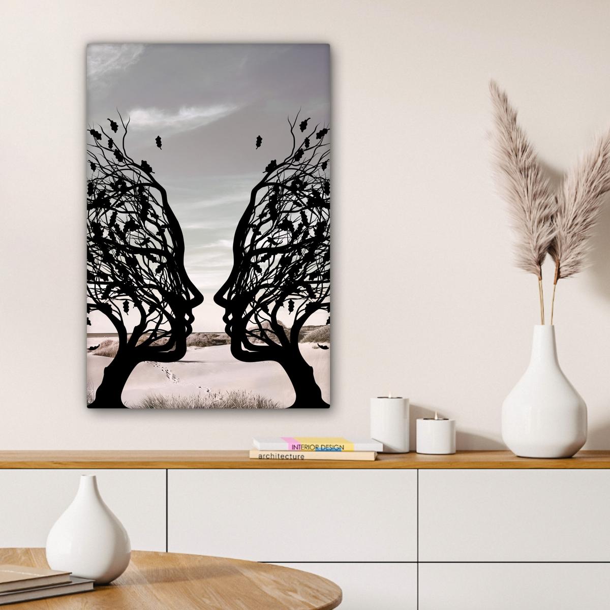 LEINWANDBILD Strand - Meer - Menschen - Baum - Moderne Kunst Wanddeko 40x60 cm - Hellgrau, Textil (40/60cm) - MuchoWow