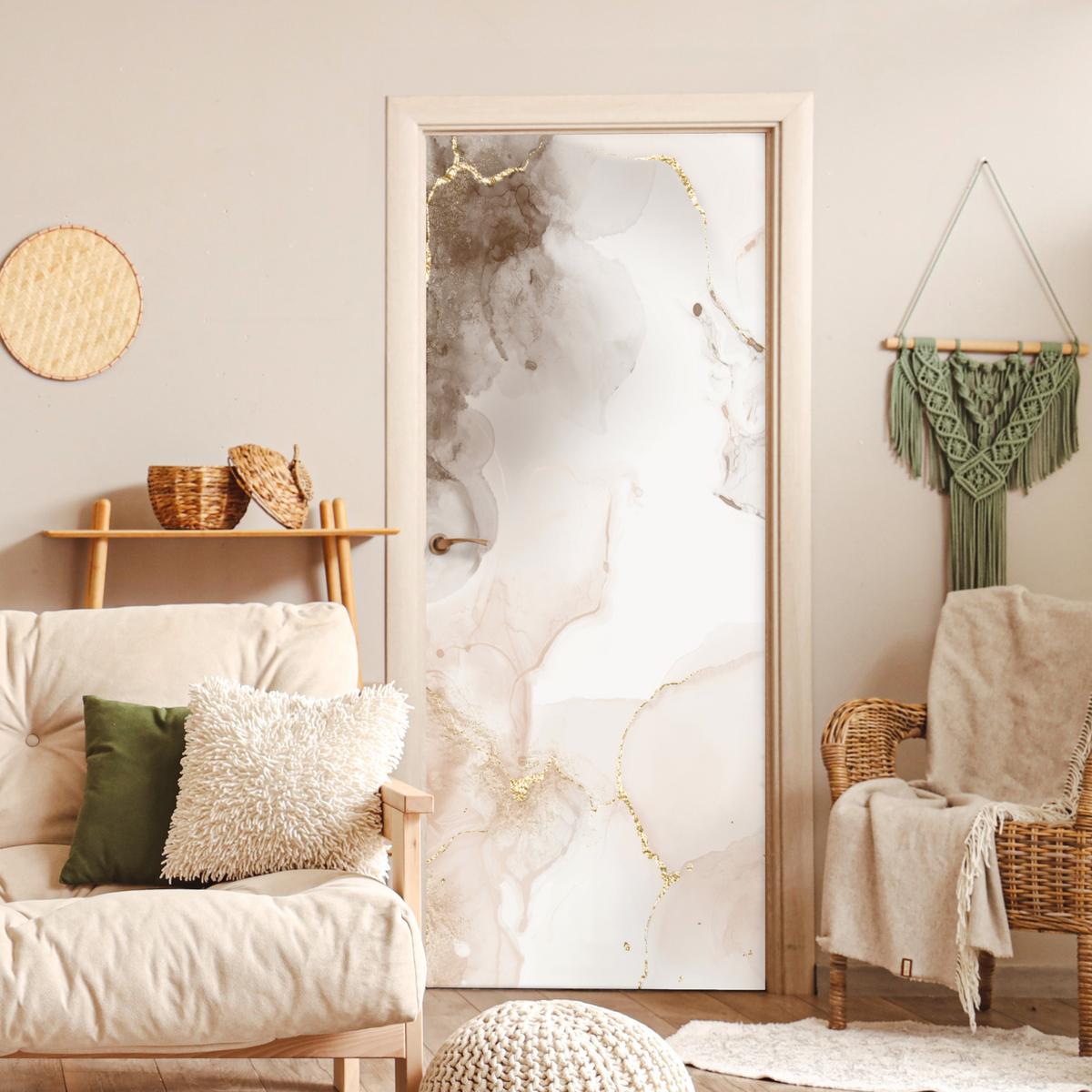 TÜRAUFKLEBER Marmor - Braun - Linie Room Decor 85x205 cm - Türtapete - Champagner, Kunststoff (85/0.1cm) - MuchoWow