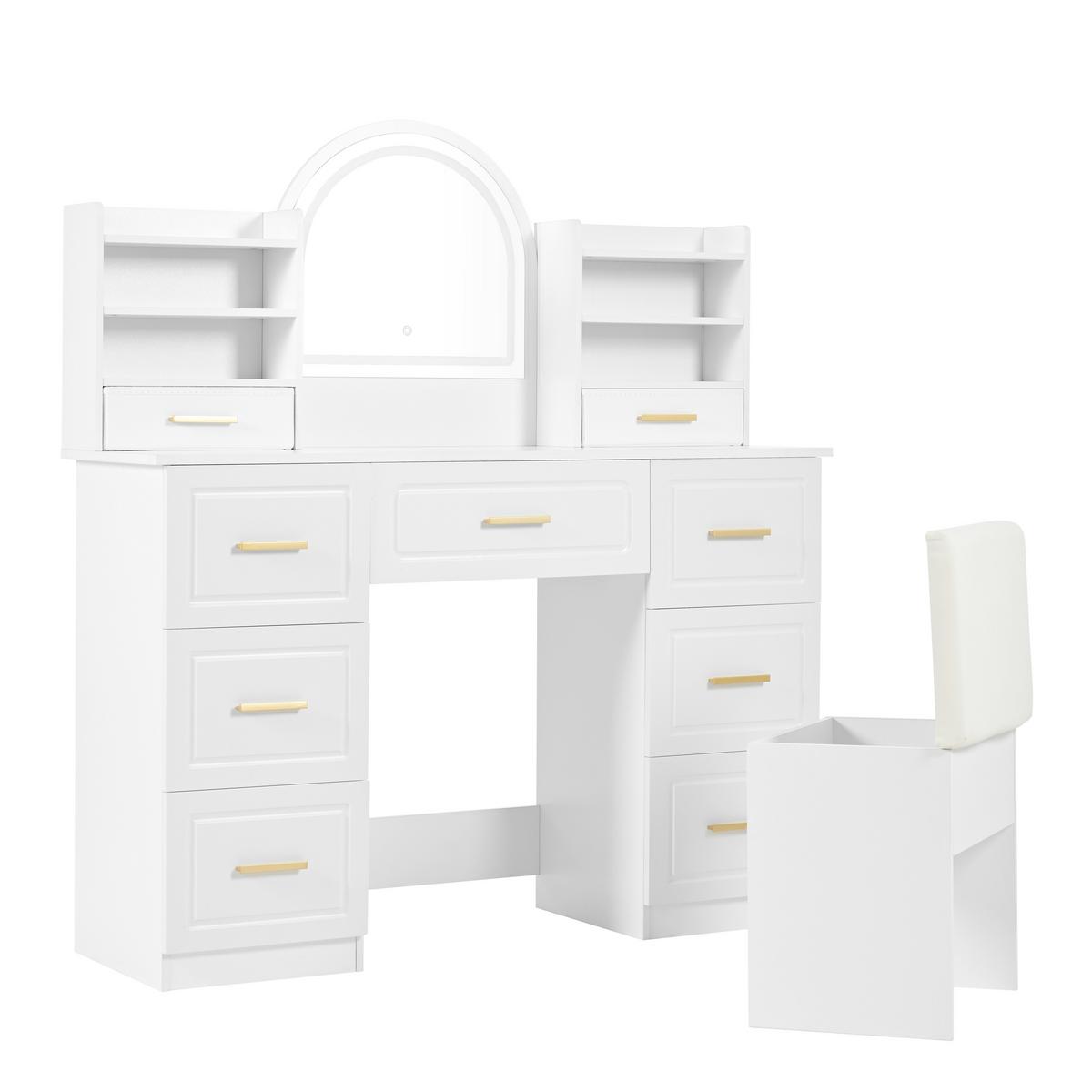 SCHMINKTISCH Weiß mit led-spiegel & 9 staufächern - Weiß, Holzwerkstoff (120/135/40cm) - Urban Meuble