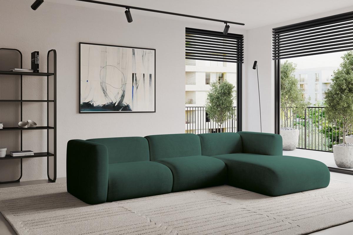 ECKSOFA Ottomane Rechts MIRA-L1 227x179x89 Grün Velours - Dunkelgrün/Schwarz, Holzwerkstoff/Kunststoff (227/179cm) - ALTDECOR