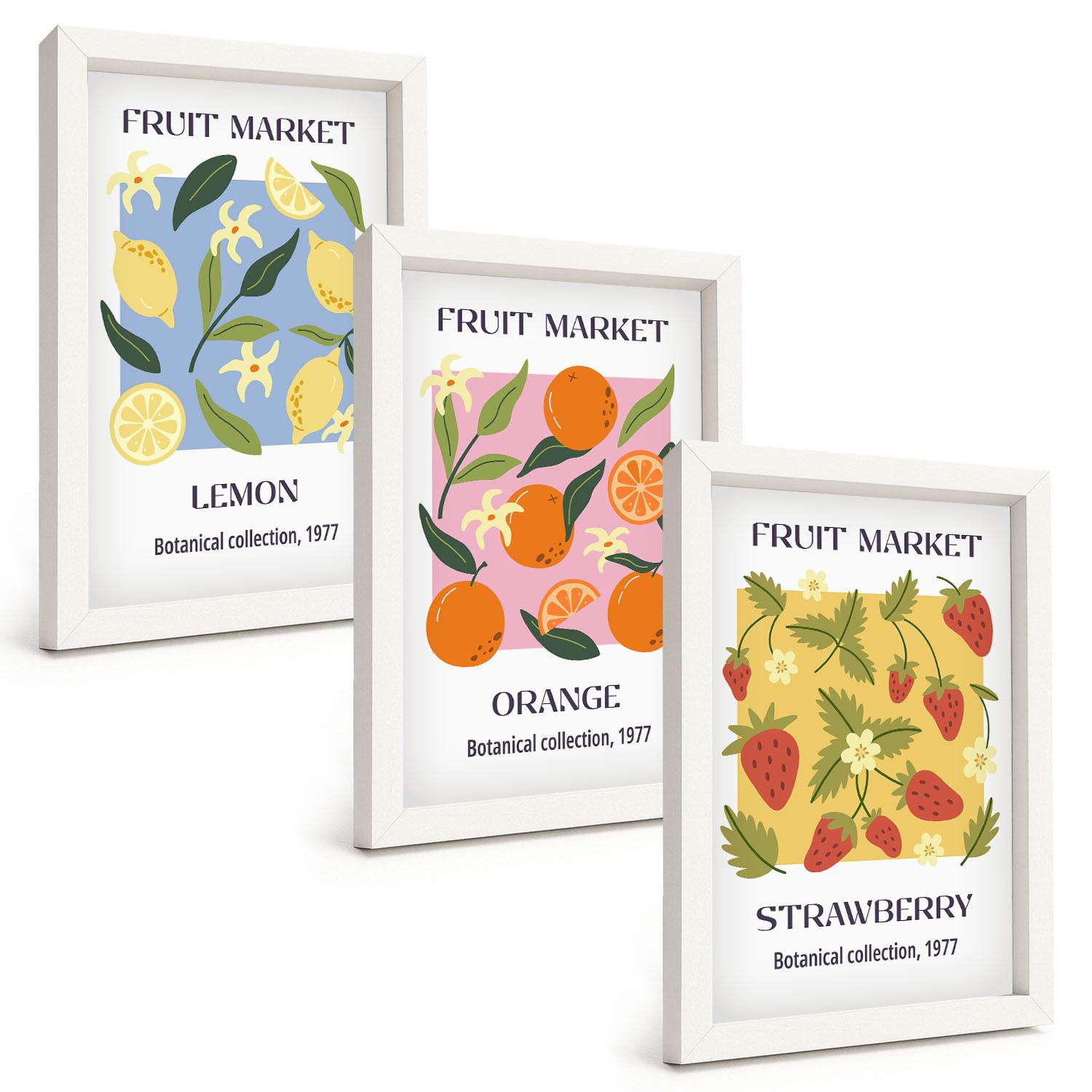 BILDER SET 3er Set - 20x30 cm Weißer Rahmen - Fruchtposter Zitronen Erdbeeren - Weiß, Kunststoff (20/30cm) - TULUP