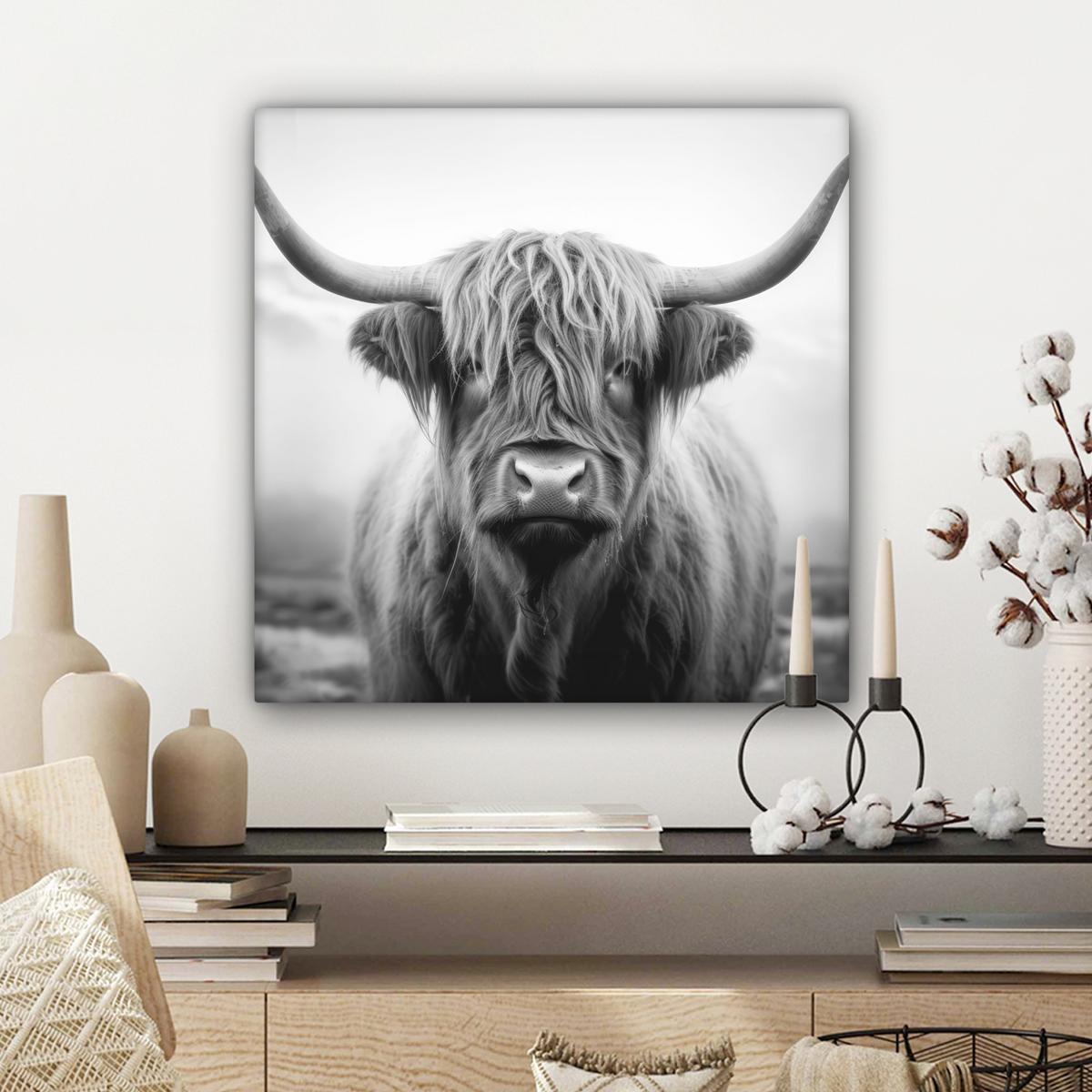 LEINWANDBILD Schottischer Highlander - Nebel - Schwarz - Weiß Wandbild Wohnzimmer 50x50 cm - Grau, Textil (50/50cm) - MuchoWow